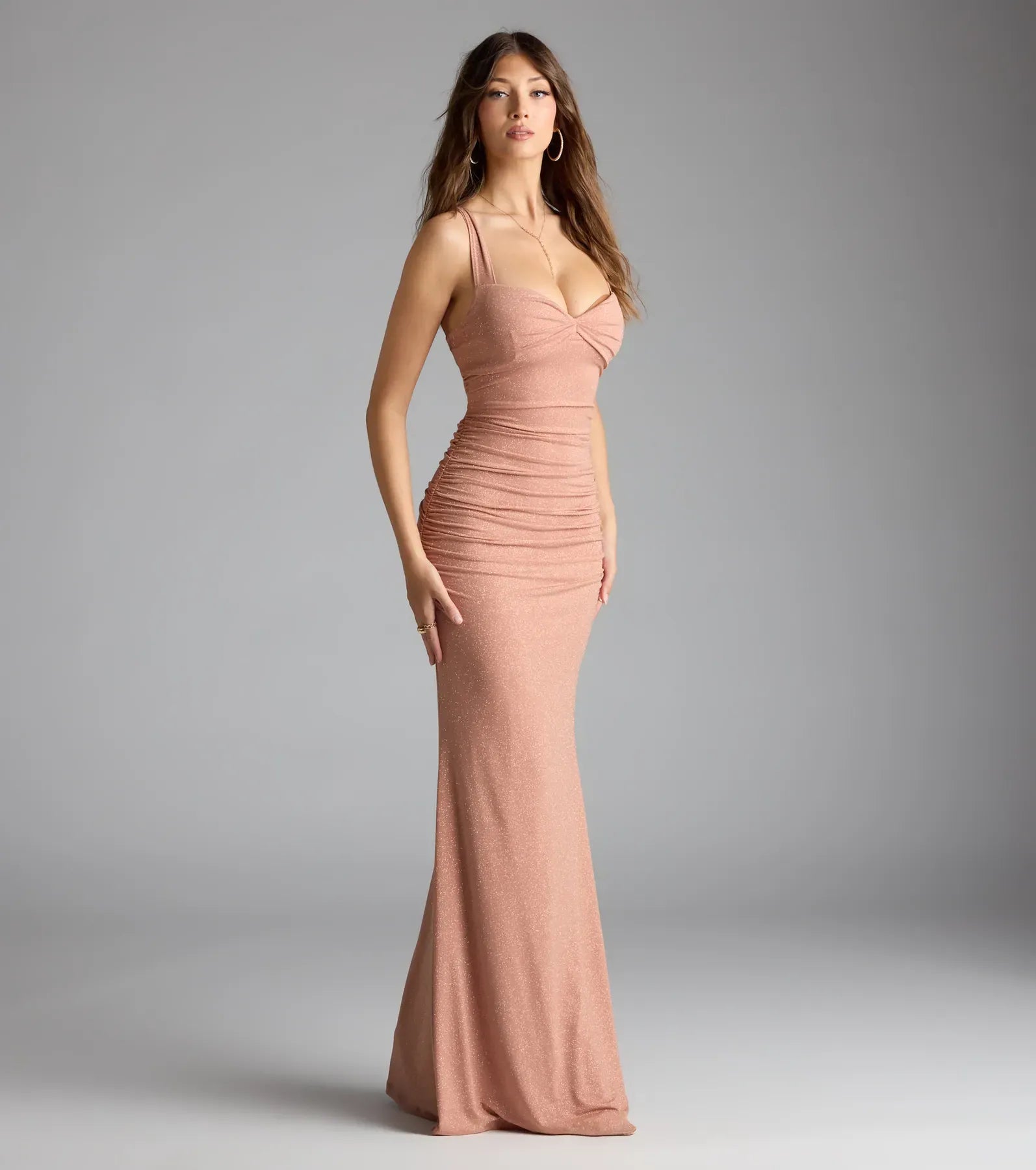 Dusty Pink Glitter Halter Twist Lace Up Back Mermaid Maxi Gown