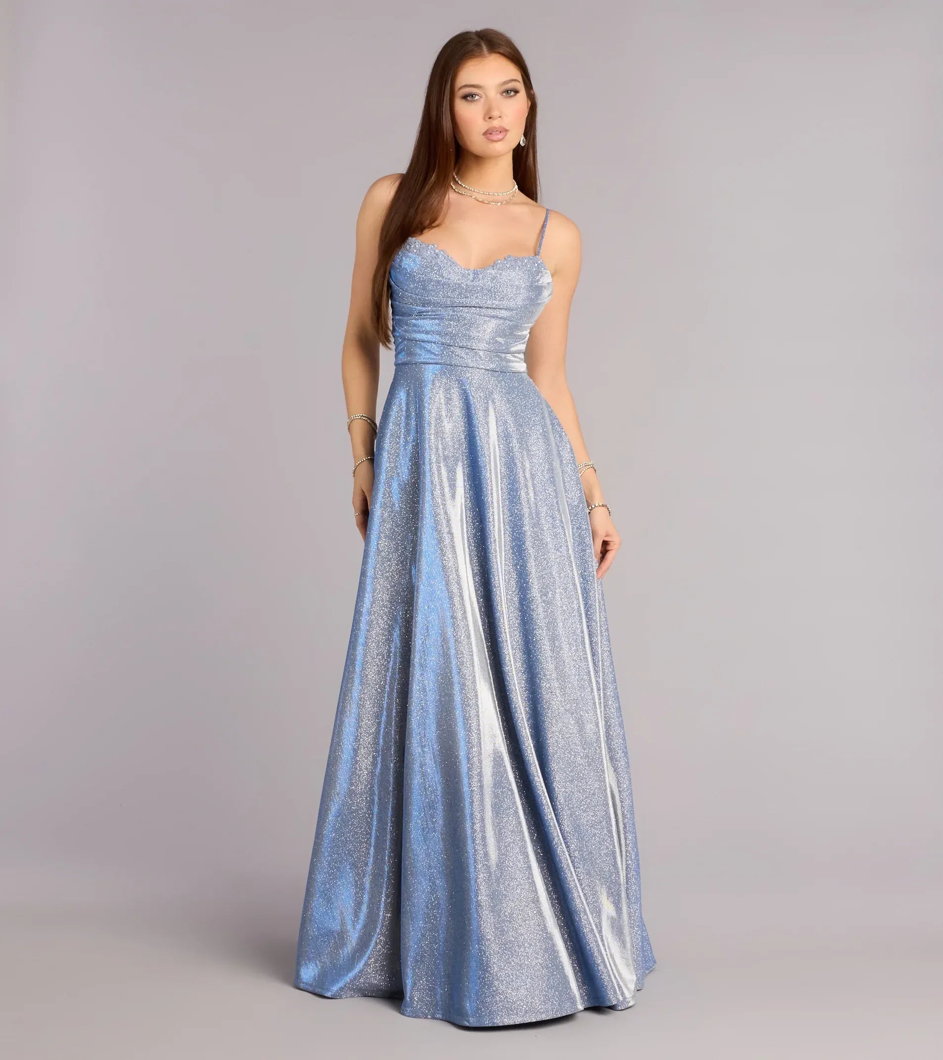 Shimmery A-Line Sweetheart Spaghetti Zip-Back Maxi Wedding Guest Dress