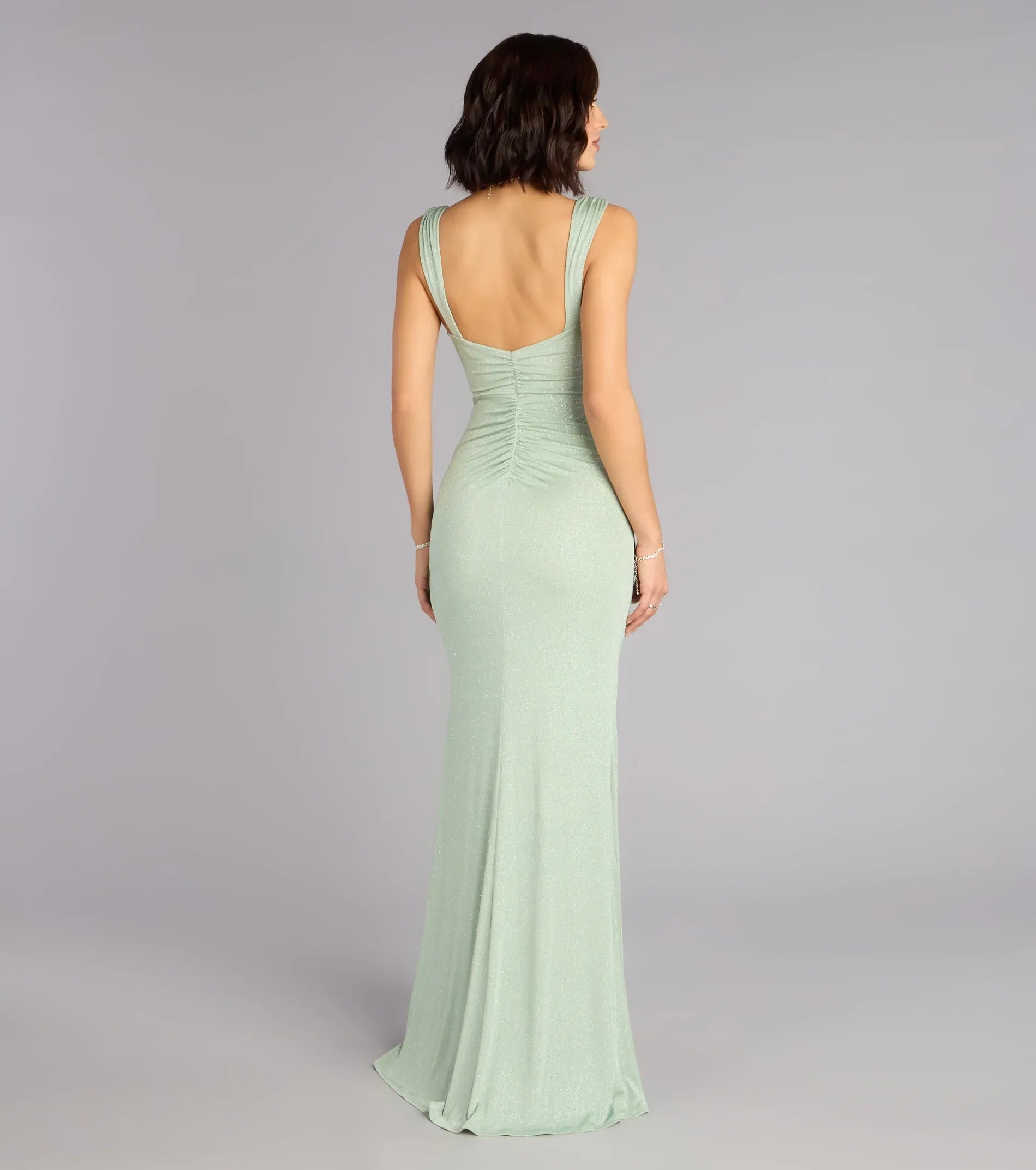 Delicate Sage Glitter Mermaid Cowl Wide Strap Ruched Back Slit Floor Length Wedding Guest Dresses
