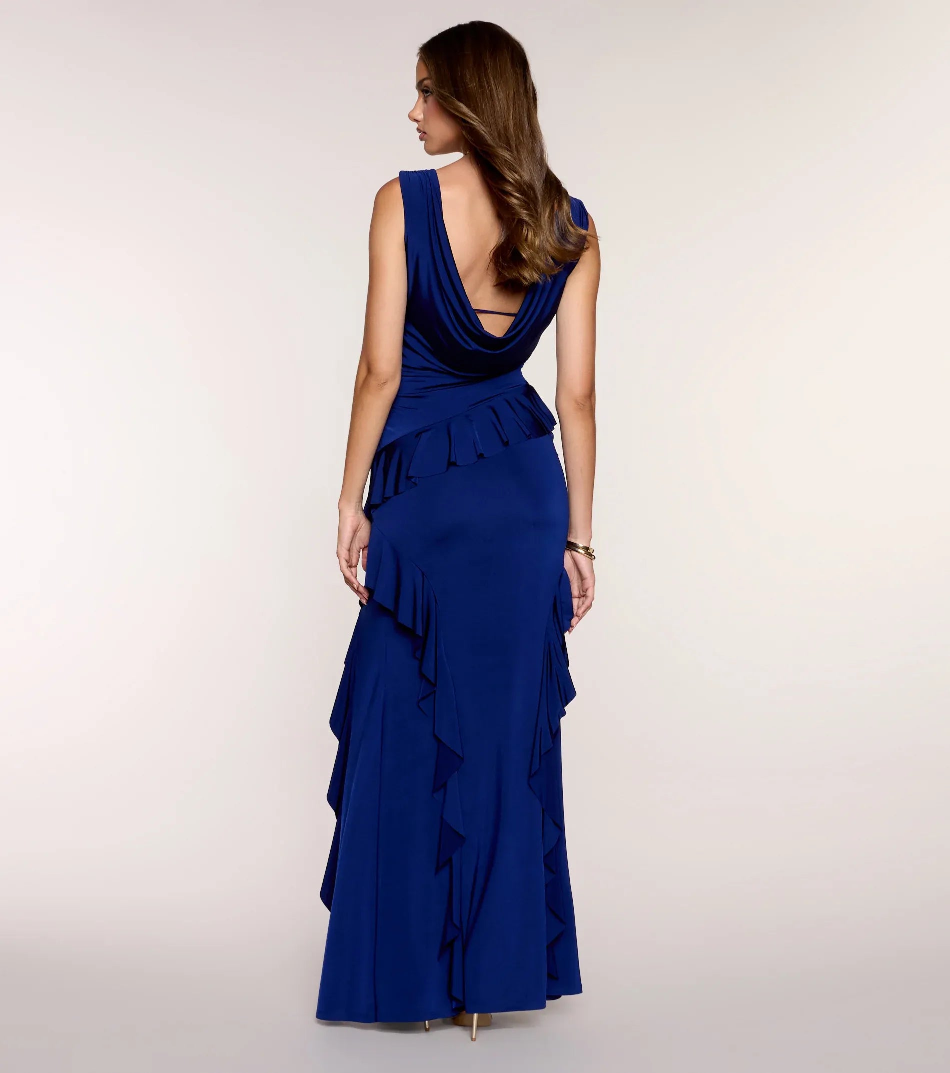 Royal Blue Wide Strap Cowl Back Ruffled High Slit Mermaid Wedding Guest Maxi Dresses