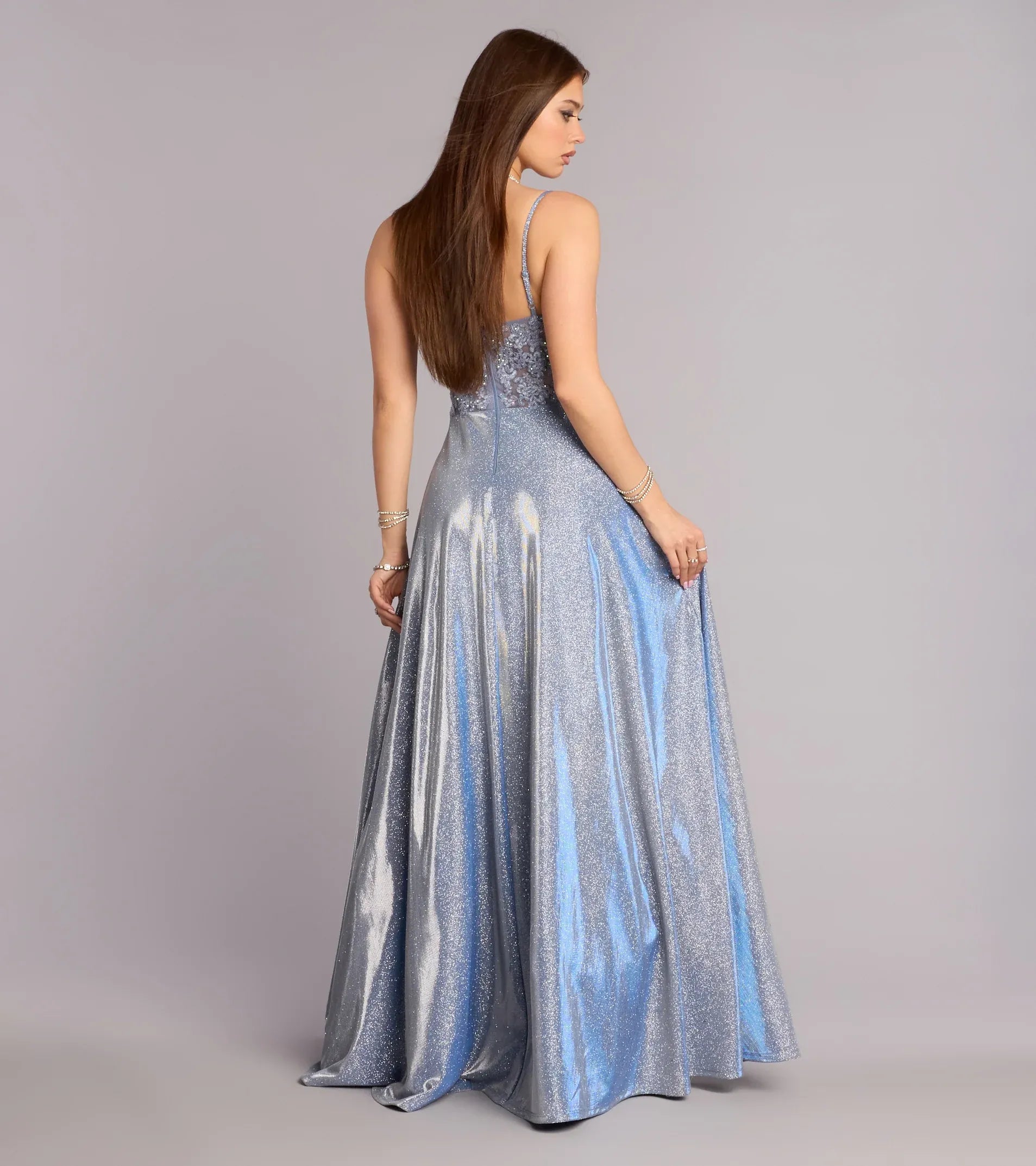 Shimmery A-Line Sweetheart Spaghetti Zip-Back Maxi Wedding Guest Dress