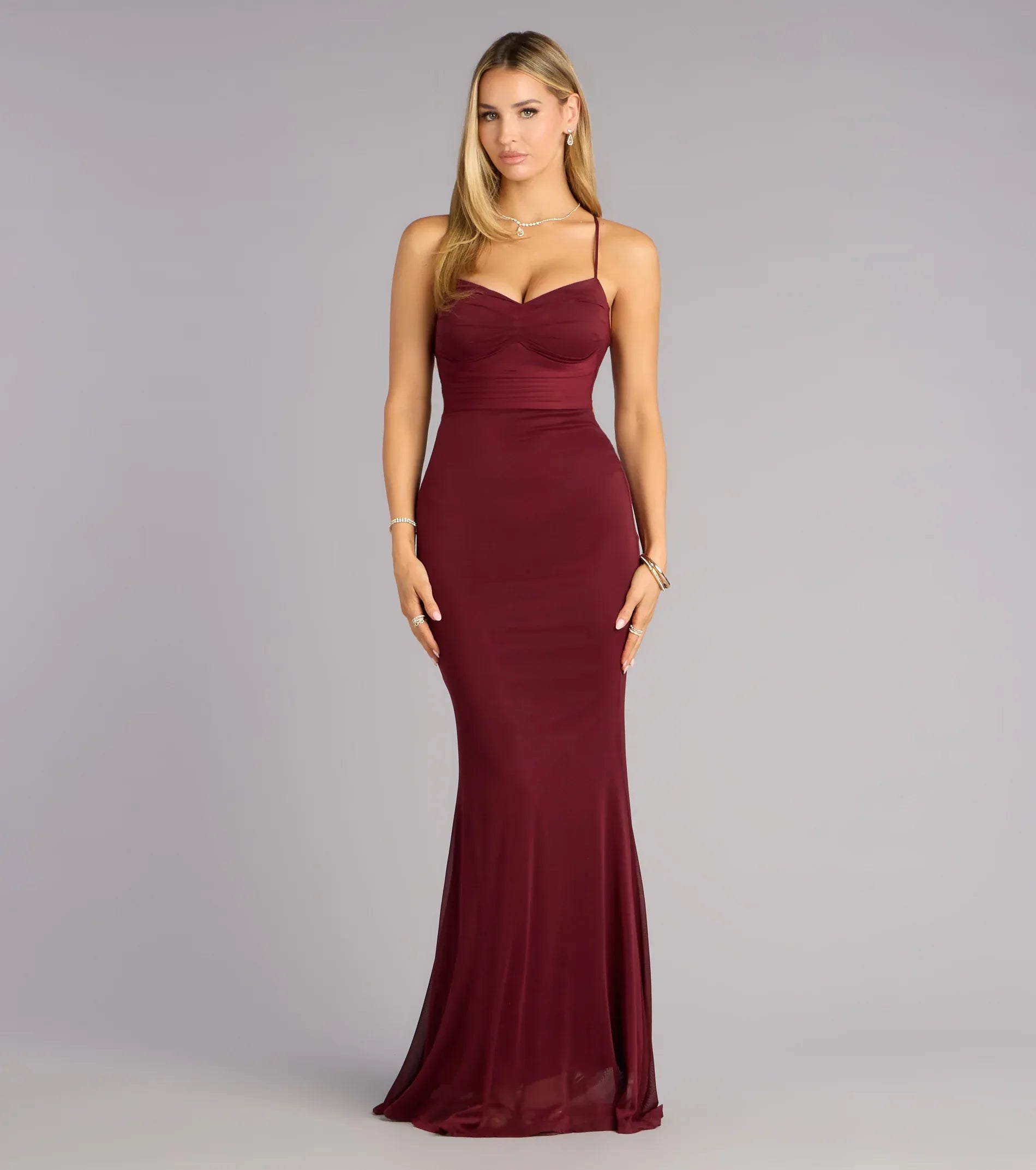 Burgundy Sweetheart Spaghetti Strap Lace Up Back Mermaid Wedding Guest Maxi Dress