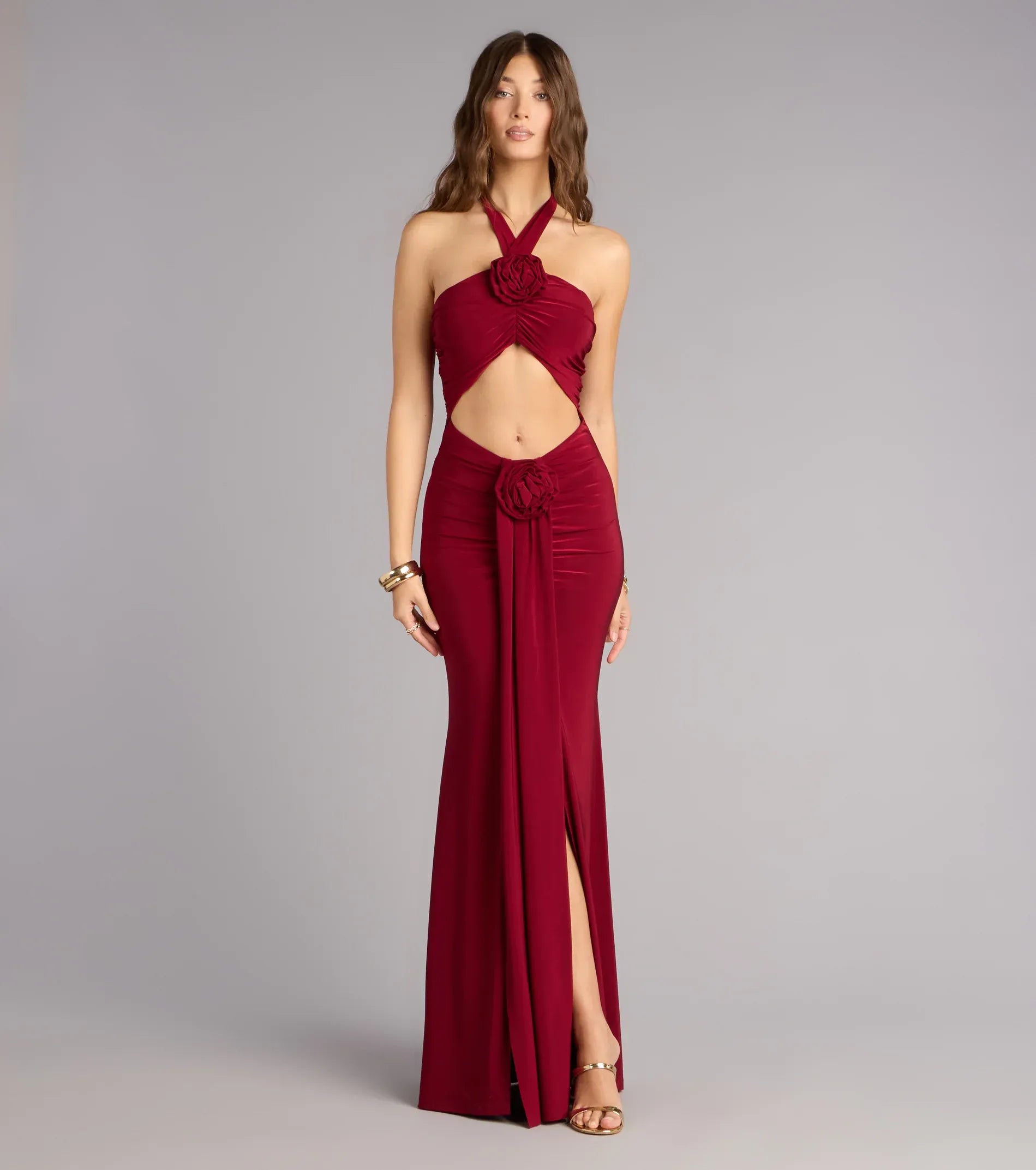 Stunning Burgundy Mermaid Halter Cut‑Out Floral Appliqué Slit Floor Length Wedding Guest Dresses