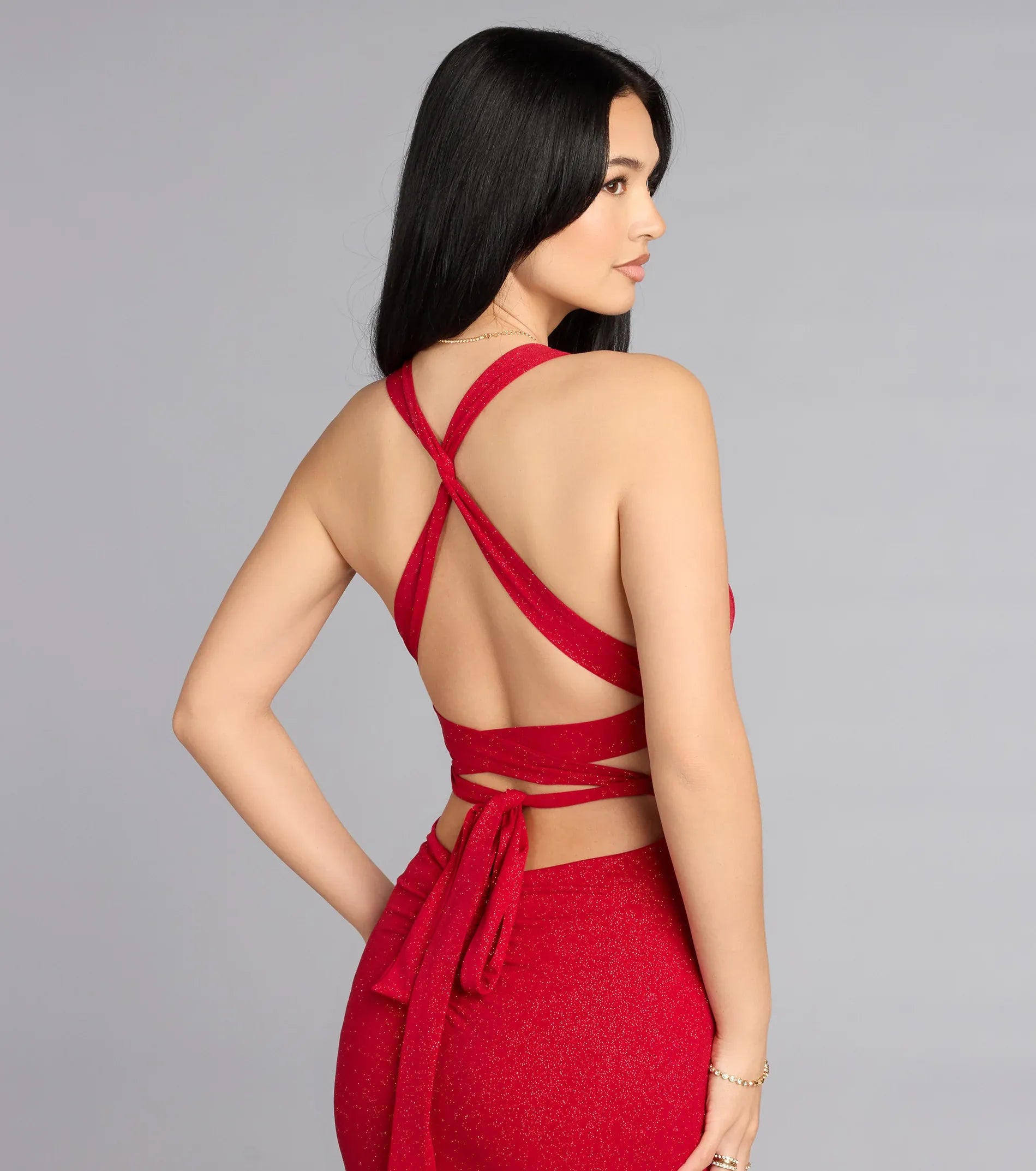 Red Glitter Halter Cross Back Tie Slit Mermaid Train Maxi Gown