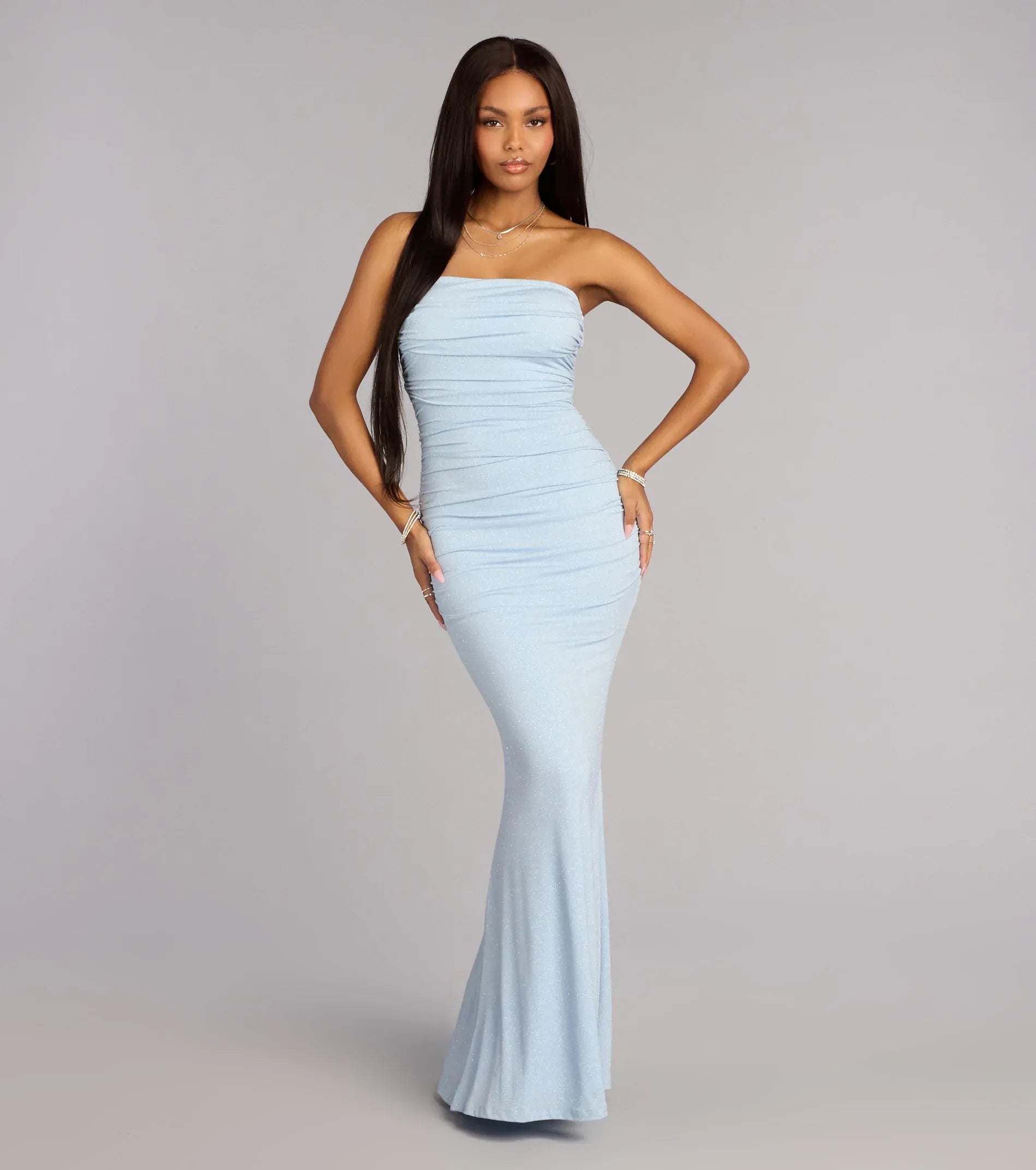 Enchanting Light Blue Glitter Mermaid Strapless Sweetheart Corset Back Floor Length Wedding Guest Dresses