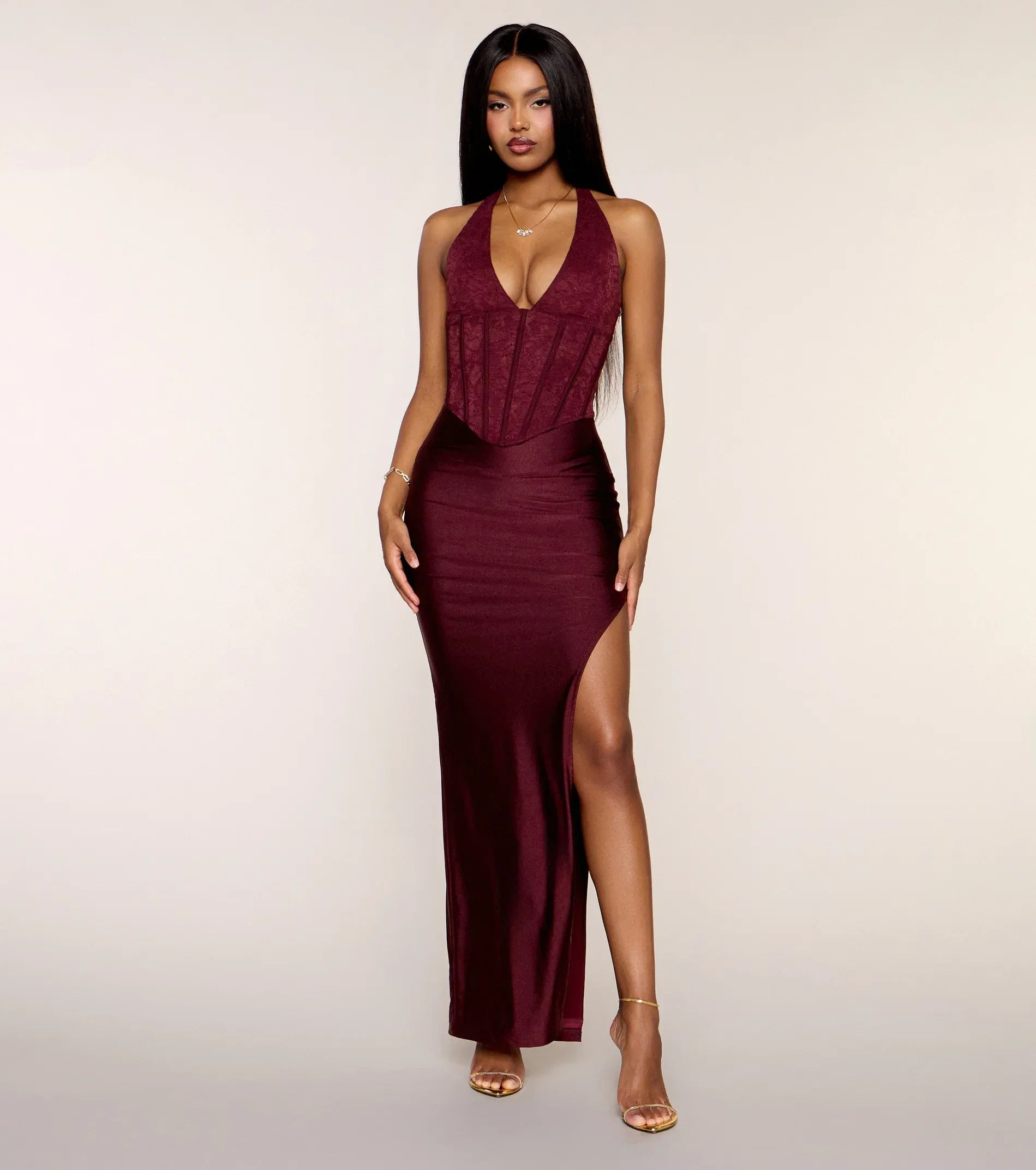 Elegant Burgundy Lace Halter Corset High Slit Satin Maxi Gown