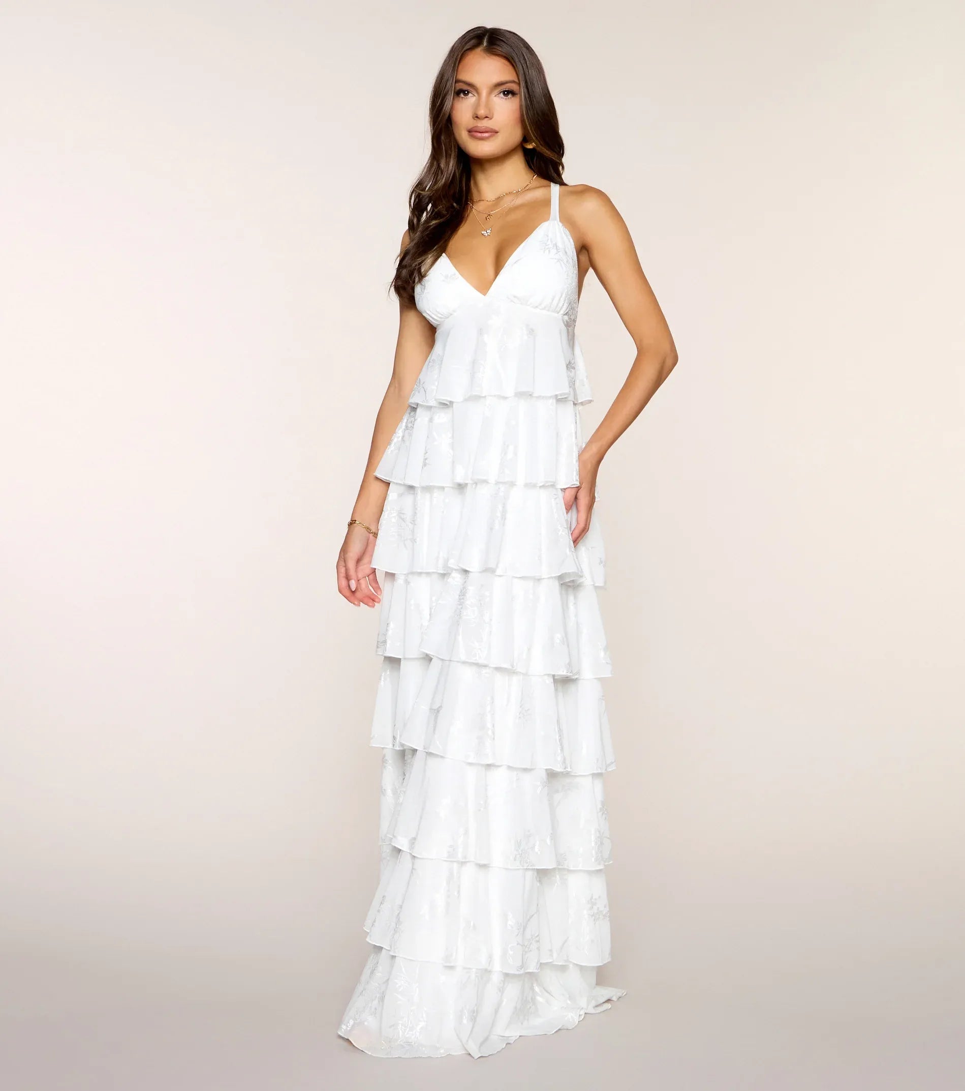 Ethereal Ivory Lace A Line V Neck Tank Strap Tiered Ruffle Floor Length Wedding Guest Dresses