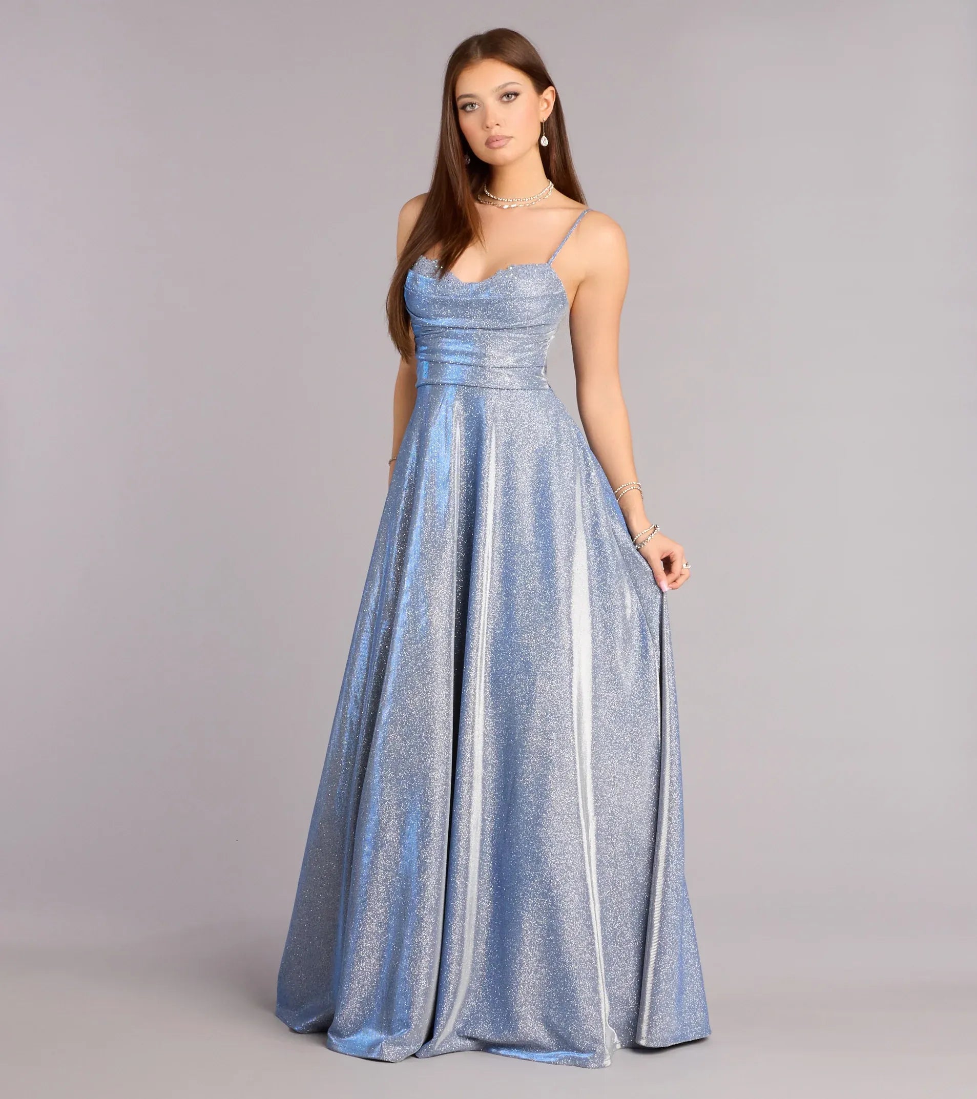 Shimmery A-Line Sweetheart Spaghetti Zip-Back Maxi Wedding Guest Dress
