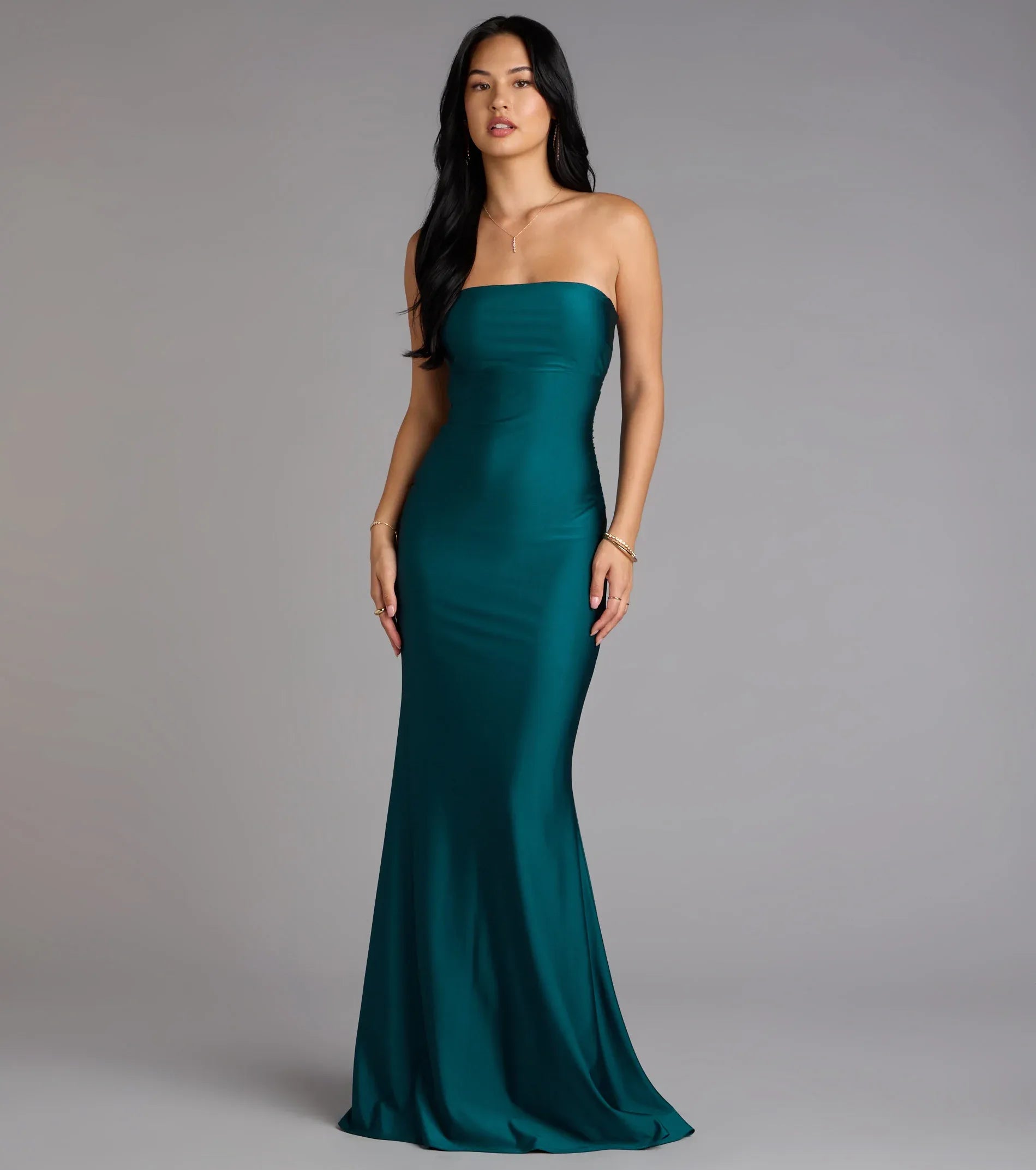 Opulent Emerald Satin Mermaid Strapless Crisscross Open Back Floor Length Wedding Guest Dresses