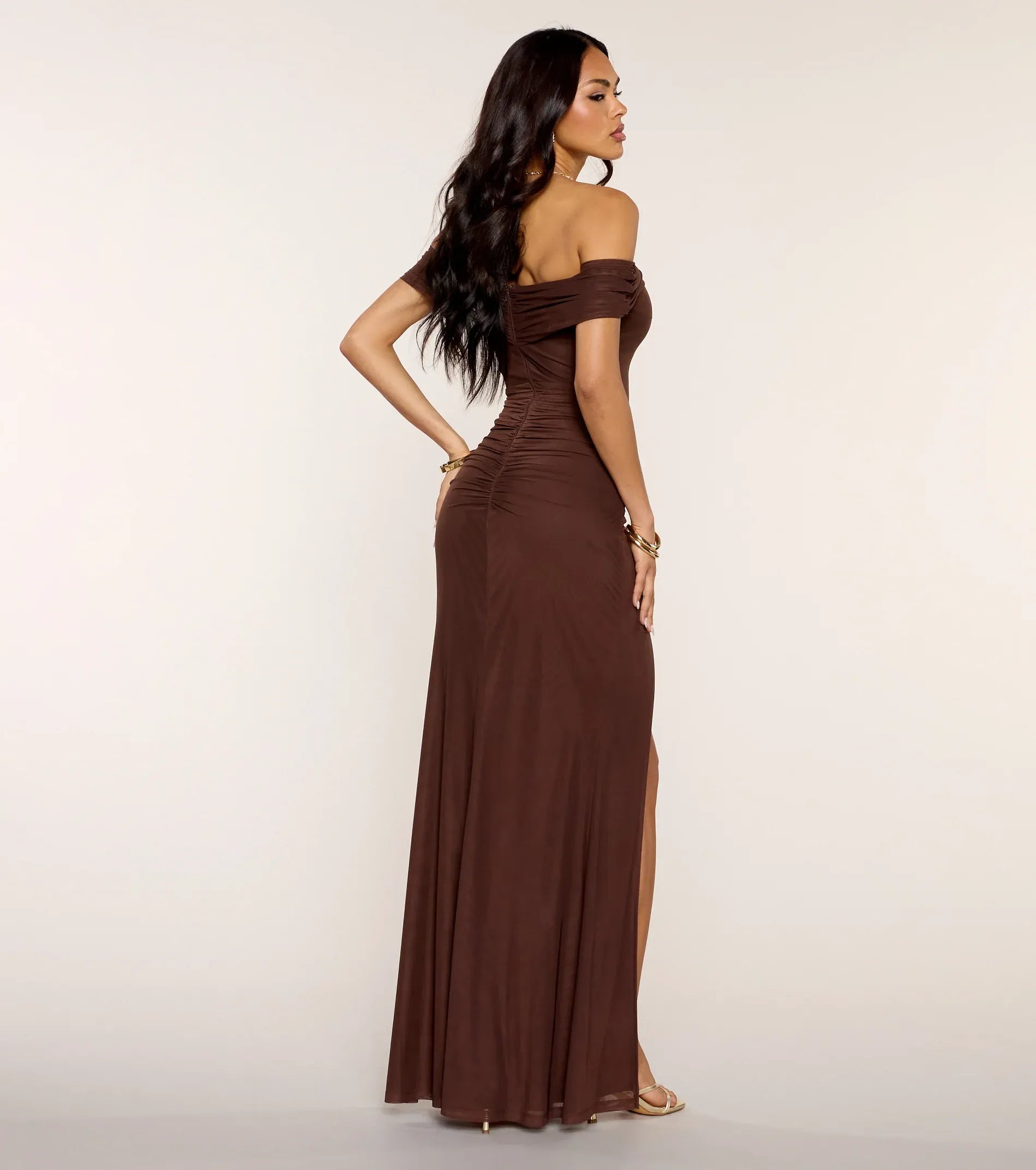 Brown Off Shoulder Twist Waist High Slit Mermaid Wedding Guest Maxi Dress