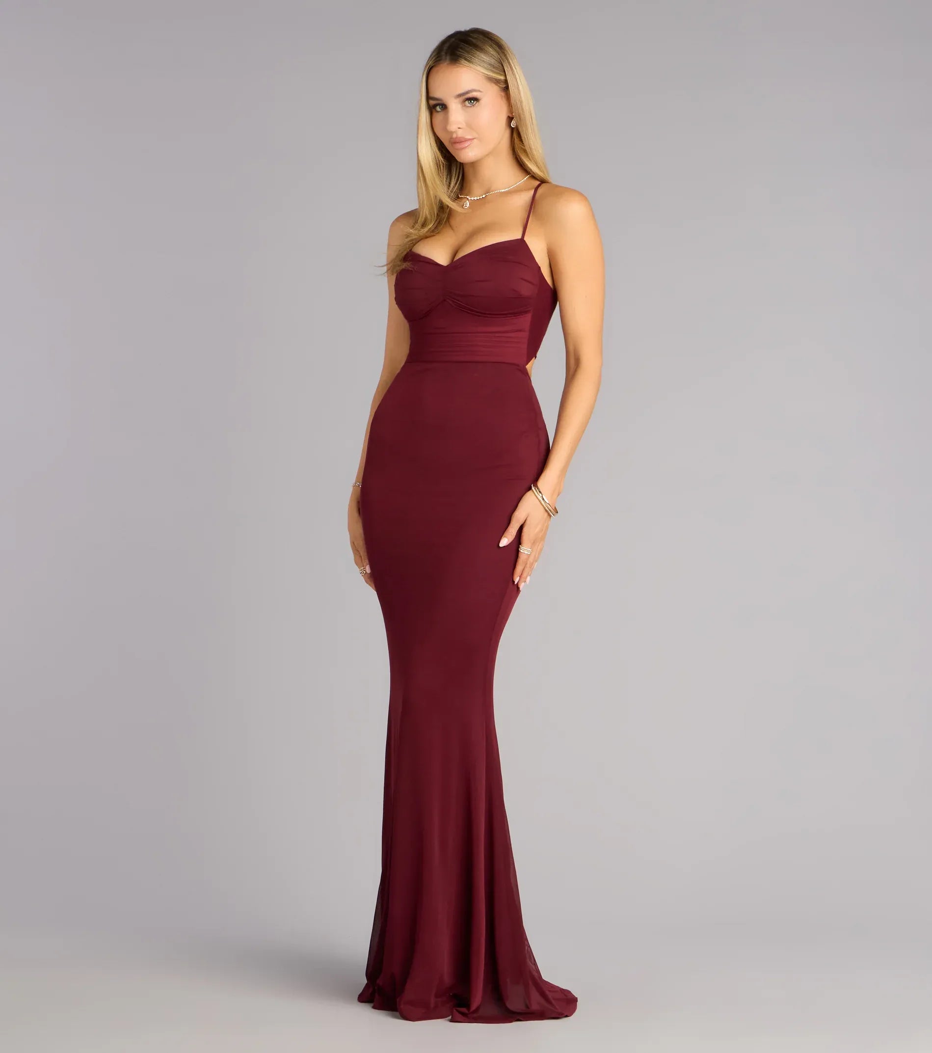 Burgundy Sweetheart Spaghetti Strap Lace Up Back Mermaid Wedding Guest Maxi Dress