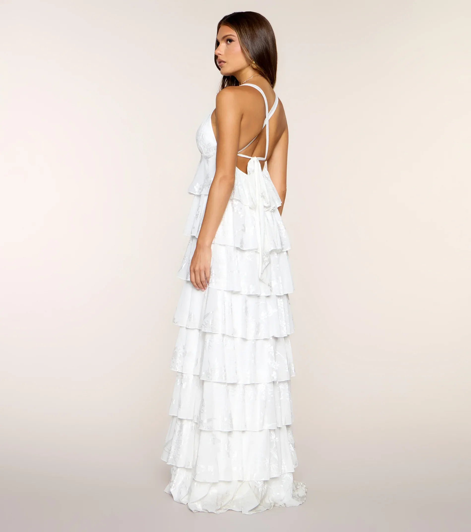 Ethereal Ivory Lace A Line V Neck Tank Strap Tiered Ruffle Floor Length Wedding Guest Dresses