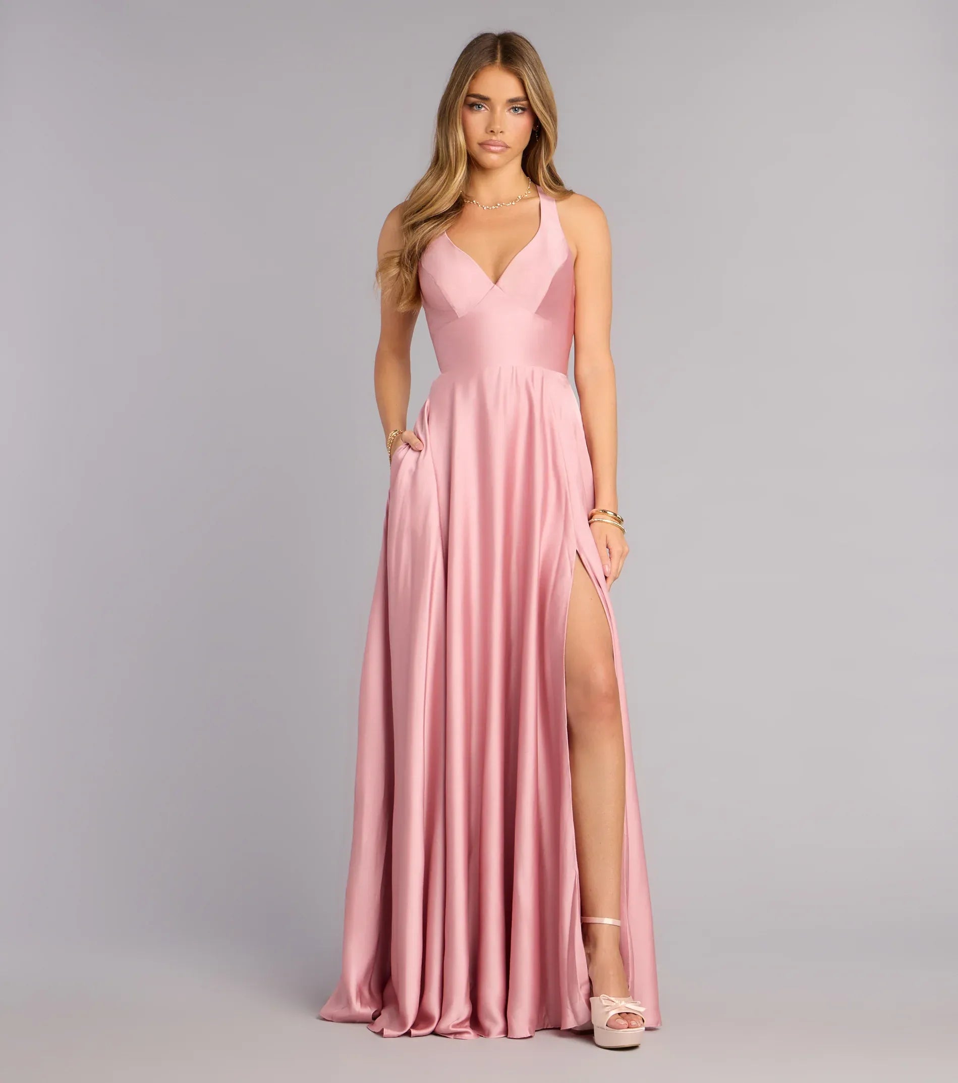 Dusty Pink Satin Halter Tie Back High Slit Pocket Wedding Guest Maxi Dress