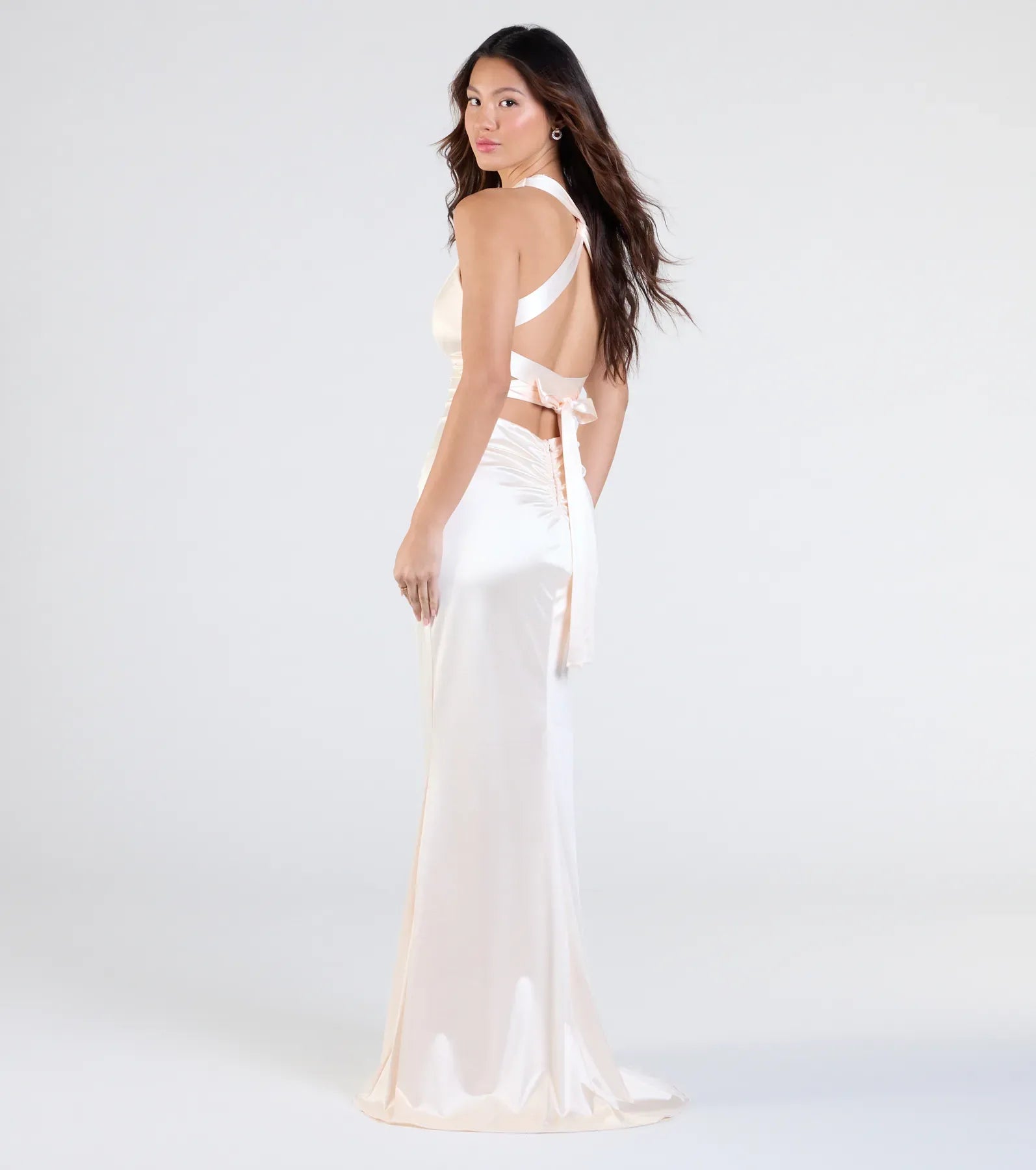 Champagne Satin Halter V Neck Bow Back Ruched High Slit Wedding Guest Maxi Dress