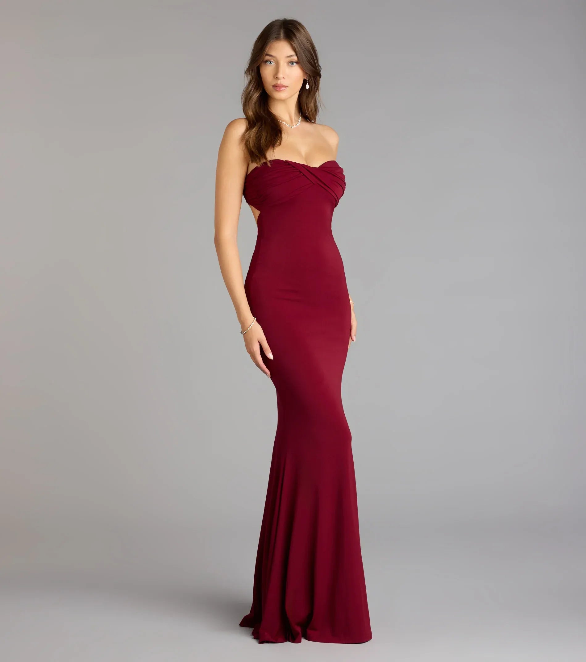 Blushing Rose Satin A Line V Neck Spaghetti Strap Lace Up Back Floor Length Wedding Guest Dresses