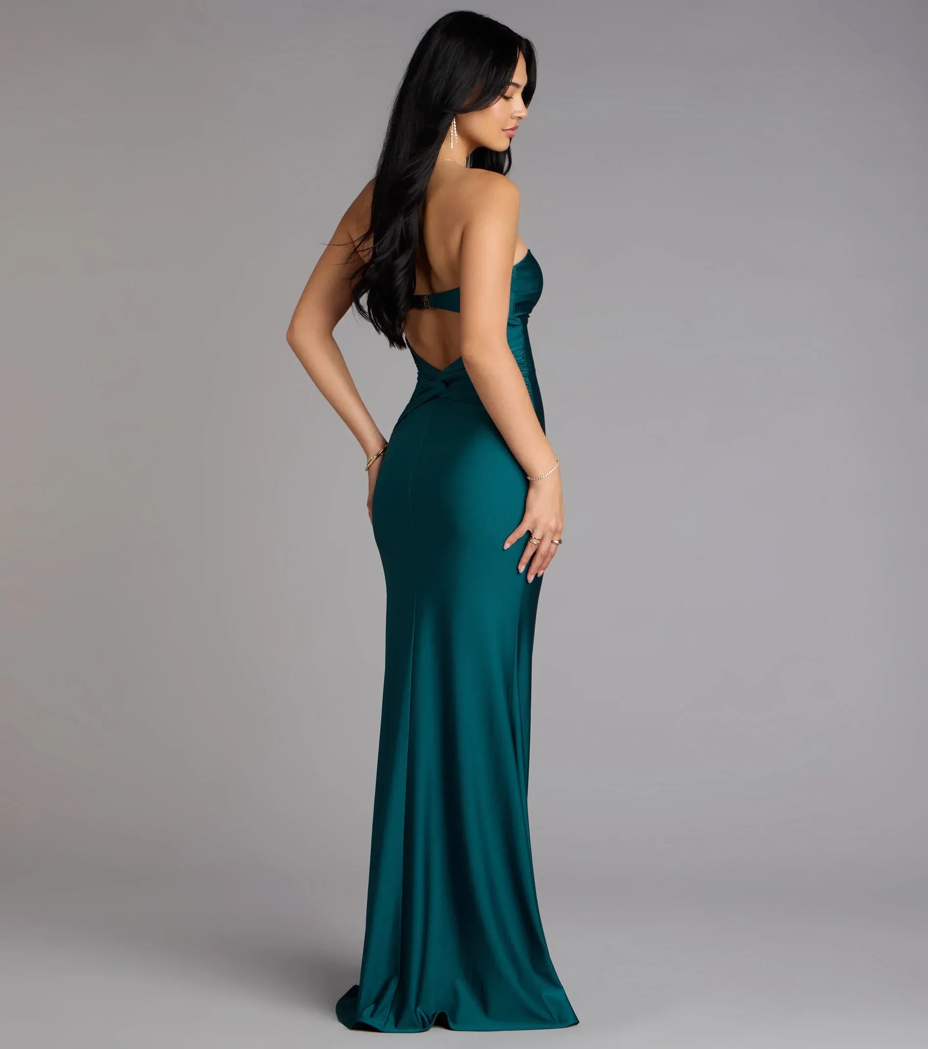 Opulent Emerald Satin Mermaid Strapless Crisscross Open Back Floor Length Wedding Guest Dresses
