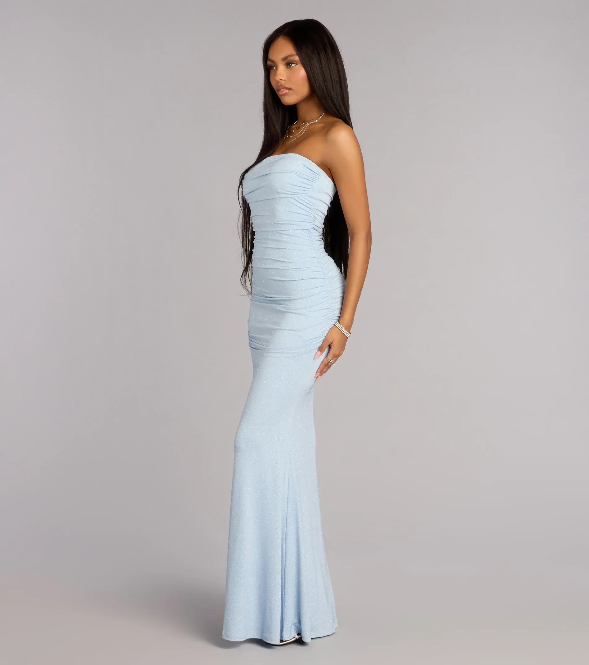 Enchanting Light Blue Glitter Mermaid Strapless Sweetheart Corset Back Floor Length Wedding Guest Dresses