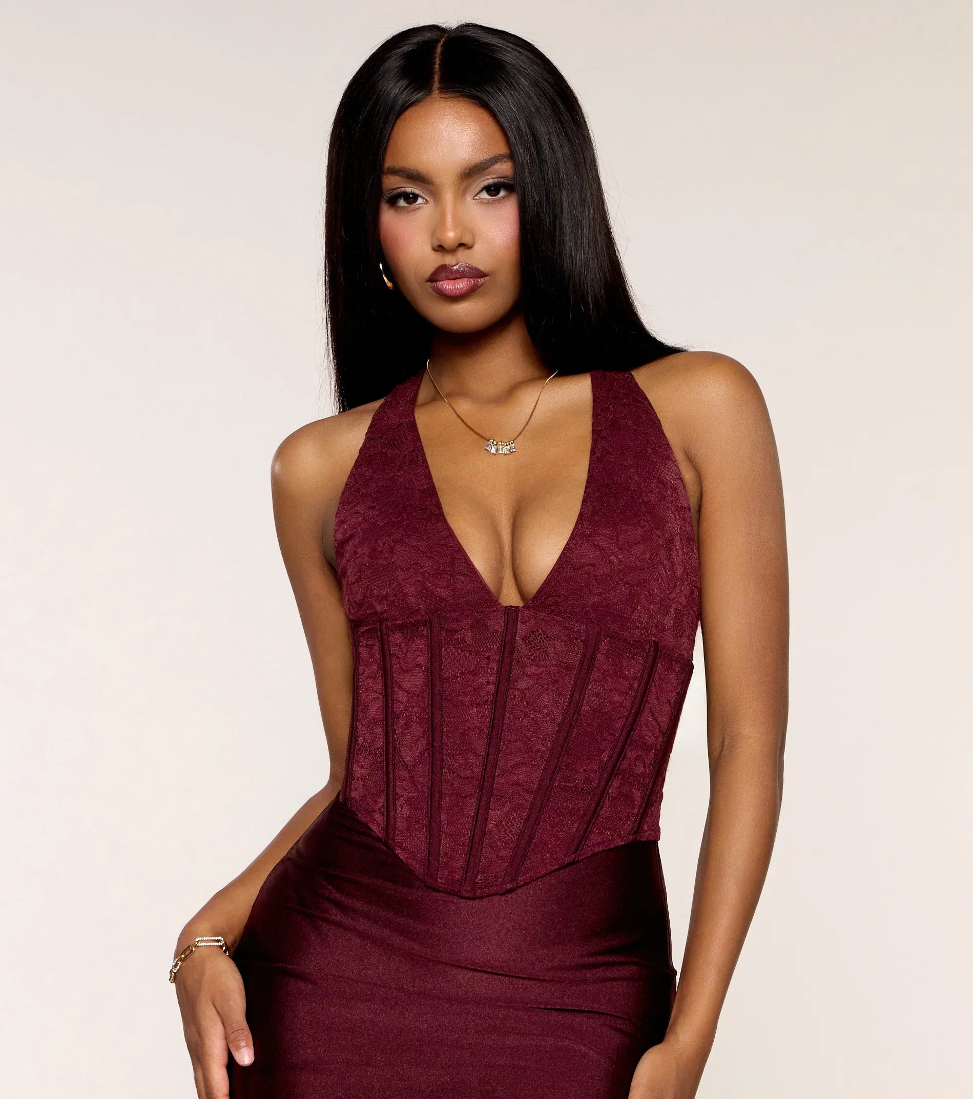 Elegant Burgundy Lace Halter Corset High Slit Satin Maxi Gown