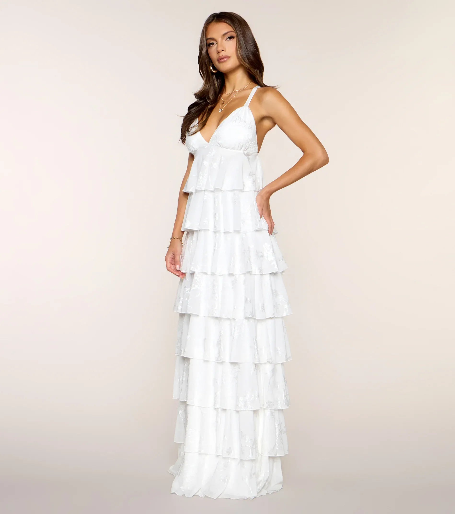 Ethereal Ivory Lace A Line V Neck Tank Strap Tiered Ruffle Floor Length Wedding Guest Dresses