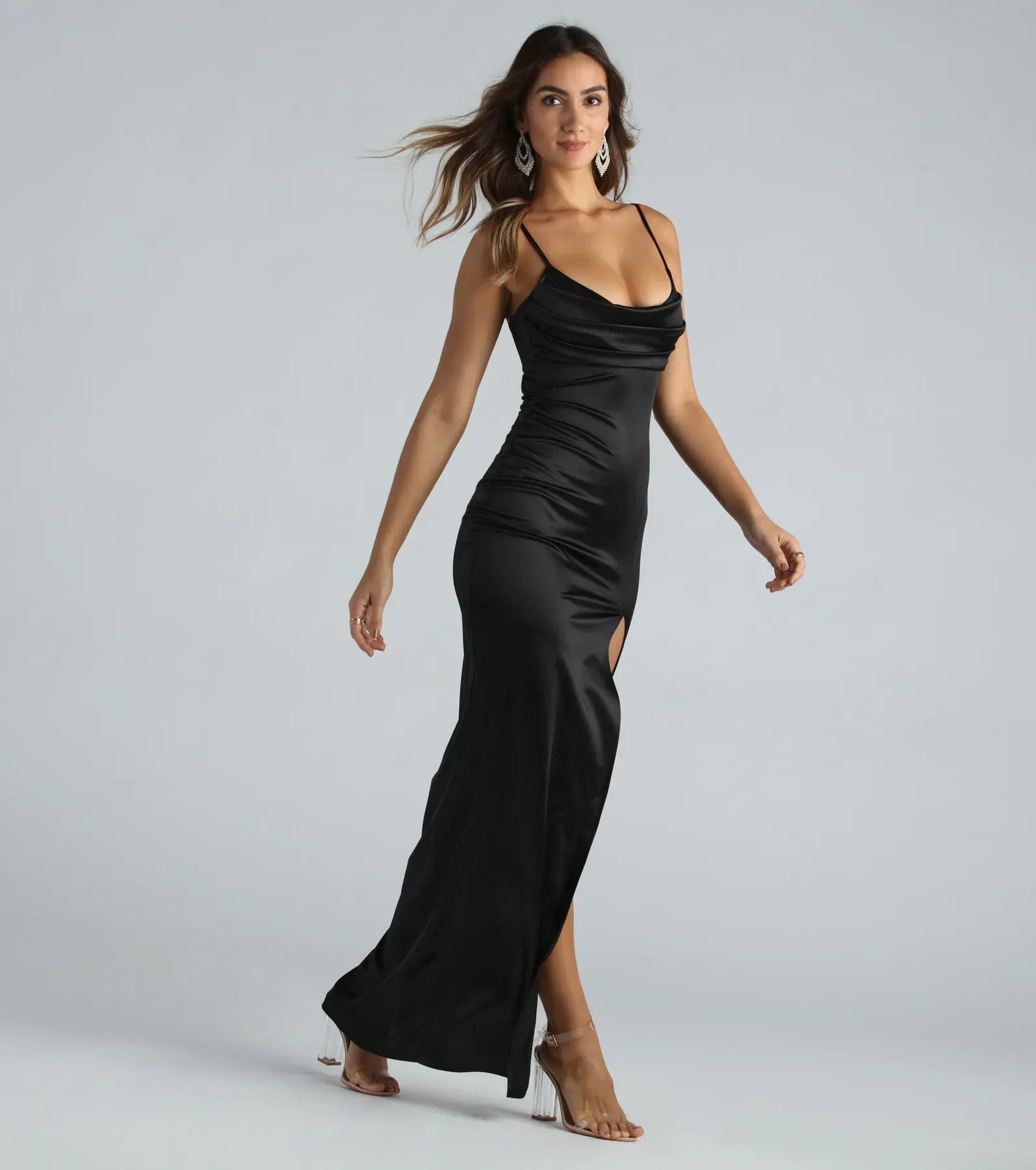 Alluring Black Satin Slim V Neck Spaghetti Strap Lace Up Back Floor Length Wedding Guest Dresses