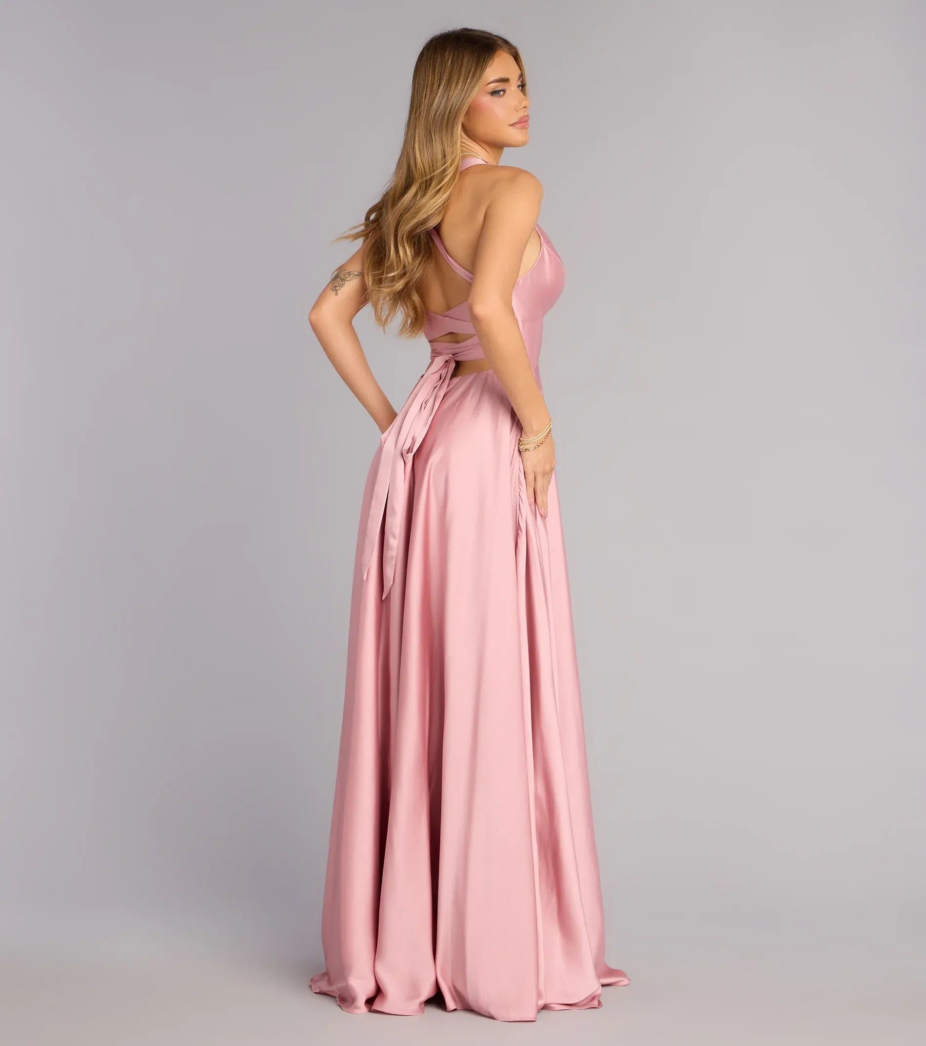 Dusty Pink Satin Halter Tie Back High Slit Pocket Wedding Guest Maxi Dress