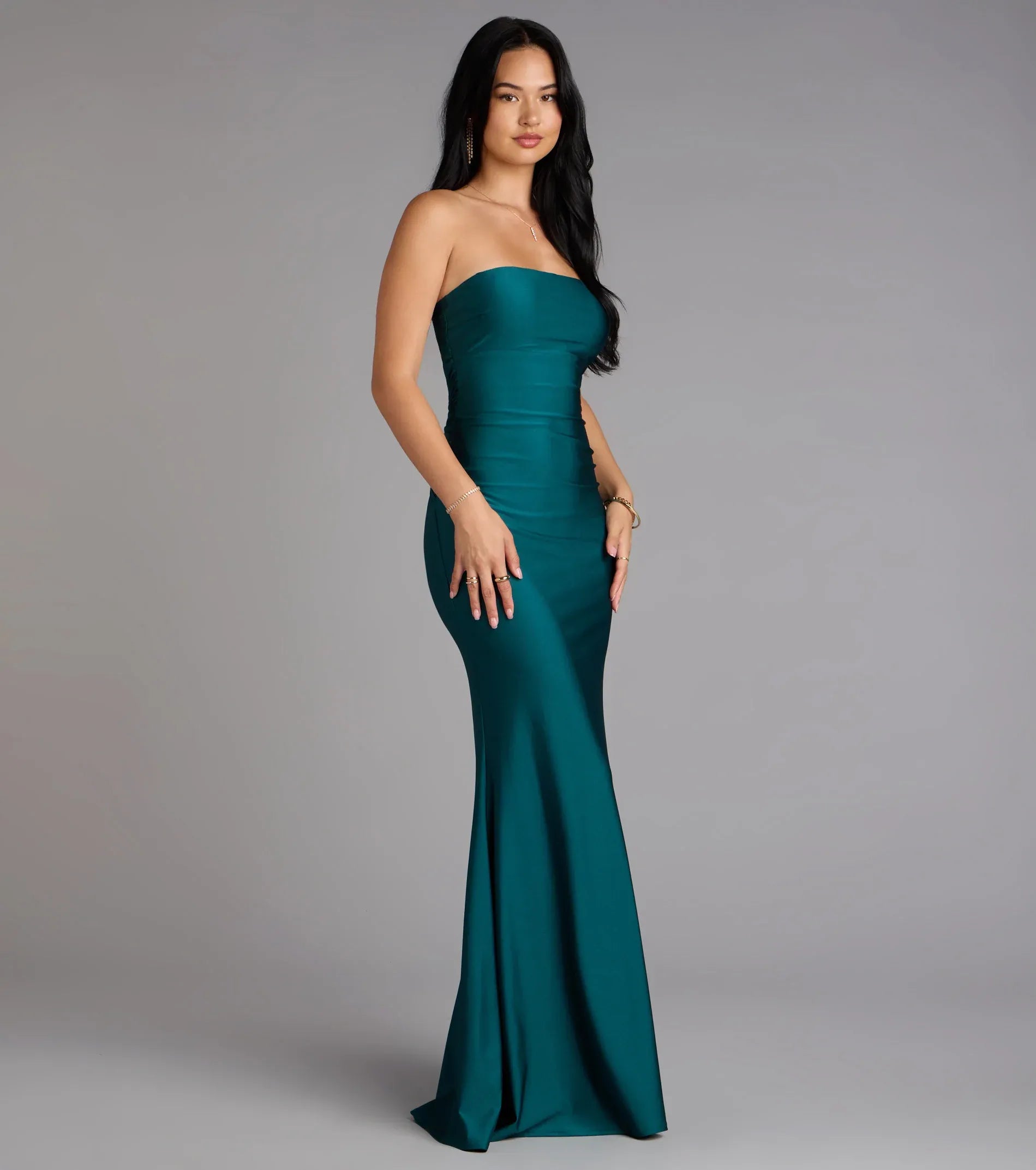 Opulent Emerald Satin Mermaid Strapless Crisscross Open Back Floor Length Wedding Guest Dresses