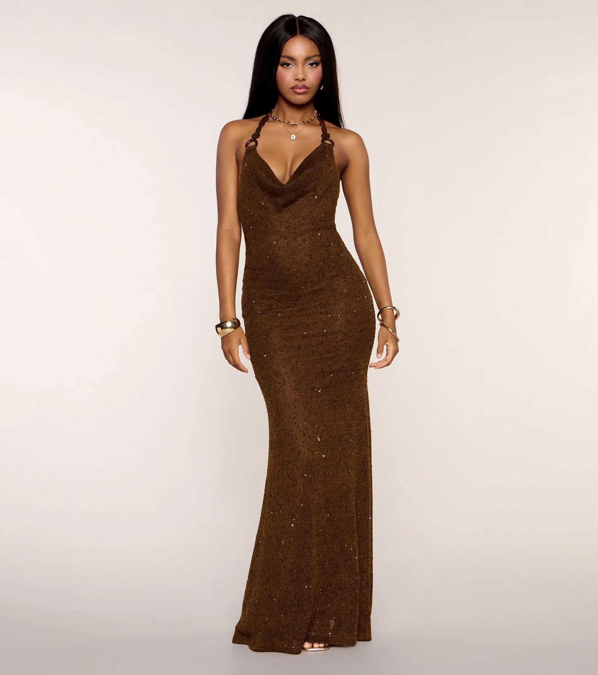 Brown Sequin Cowl Halter Open Back Mermaid Wedding Guest Maxi Dresses