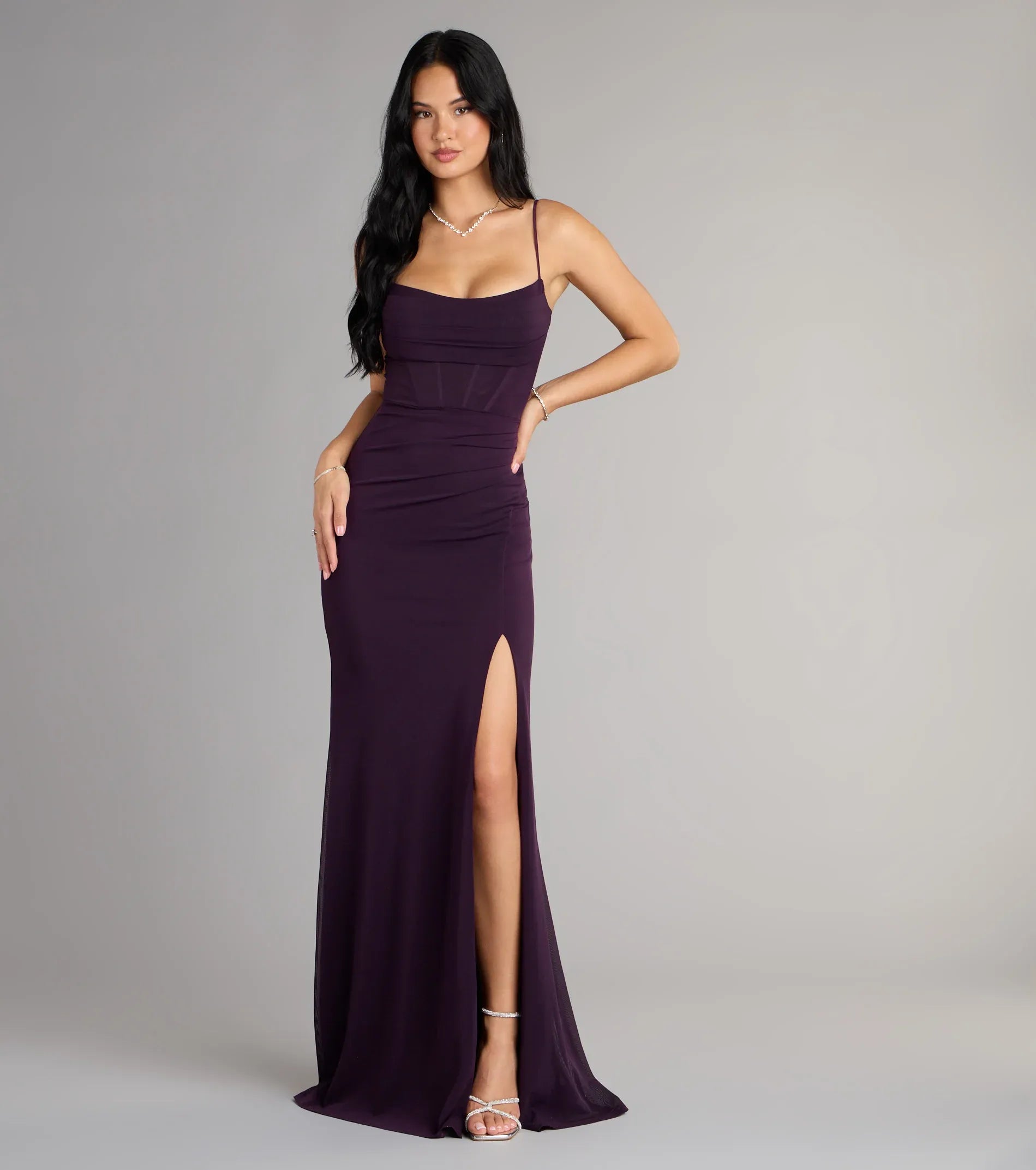 Dark Purple Mesh Spaghetti Strap Corset Back Lace Up High Slit Mermaid Wedding Guest Maxi Dress
