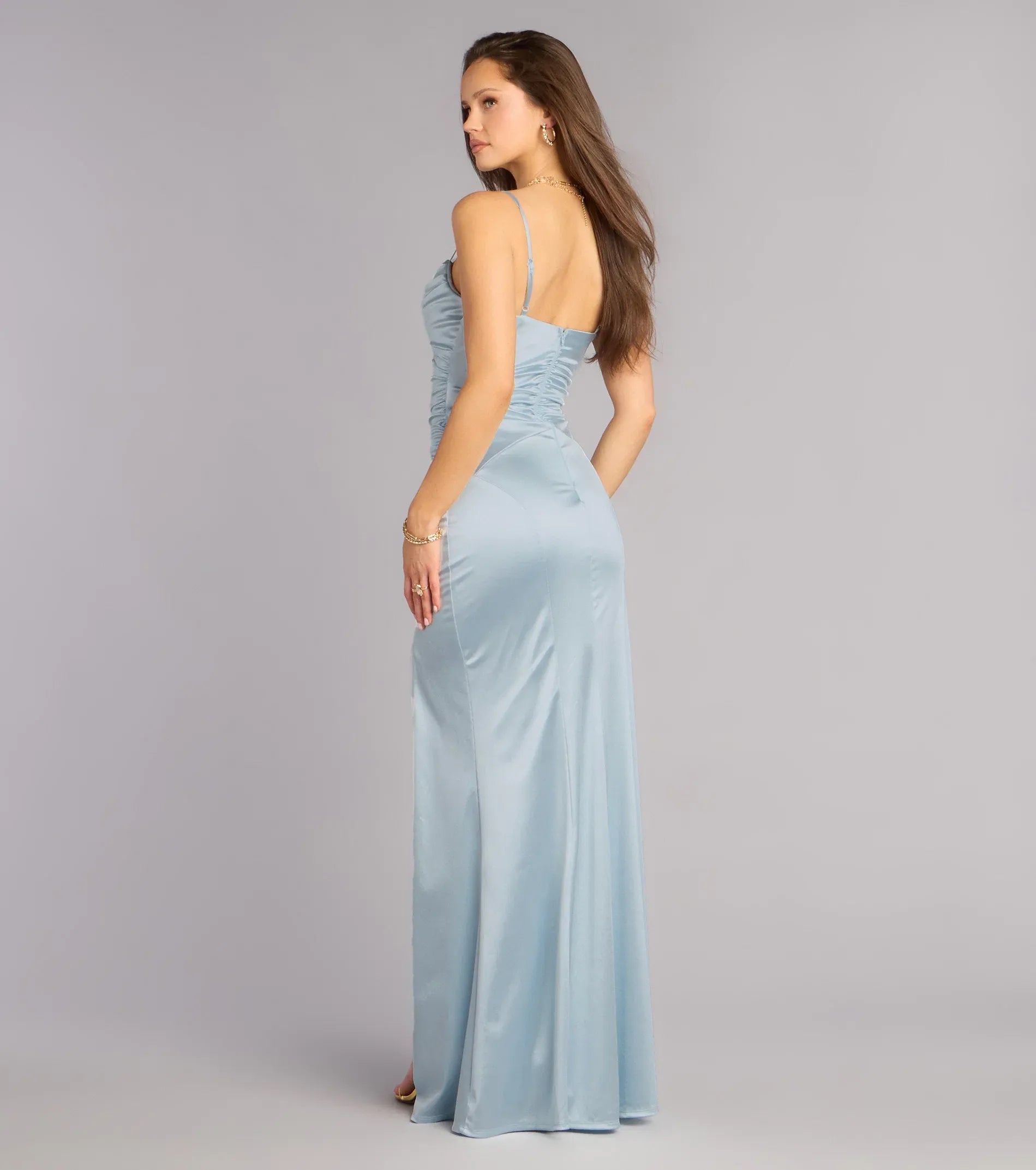 Elegant Dusty Blue Satin Mermaid Cowl Neck Spaghetti Strap Side Slit Floor Length Wedding Guest Dresses