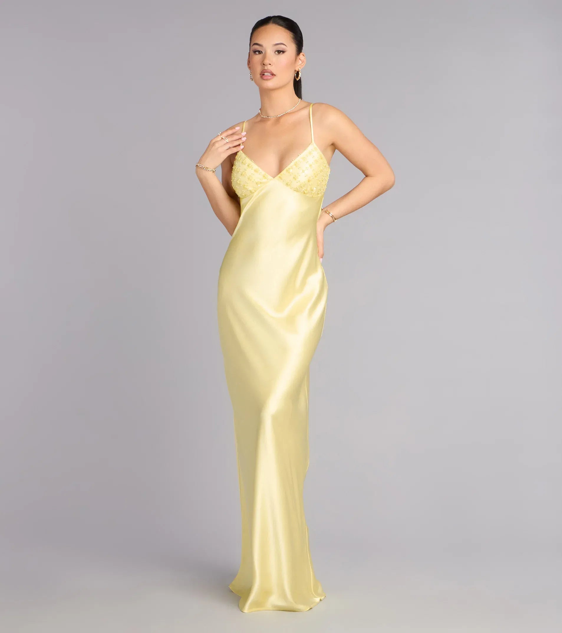 Glamorous Yellow Satin Slip Beaded V Neck Cowl Back Floor Length Wedding Guest Dresses