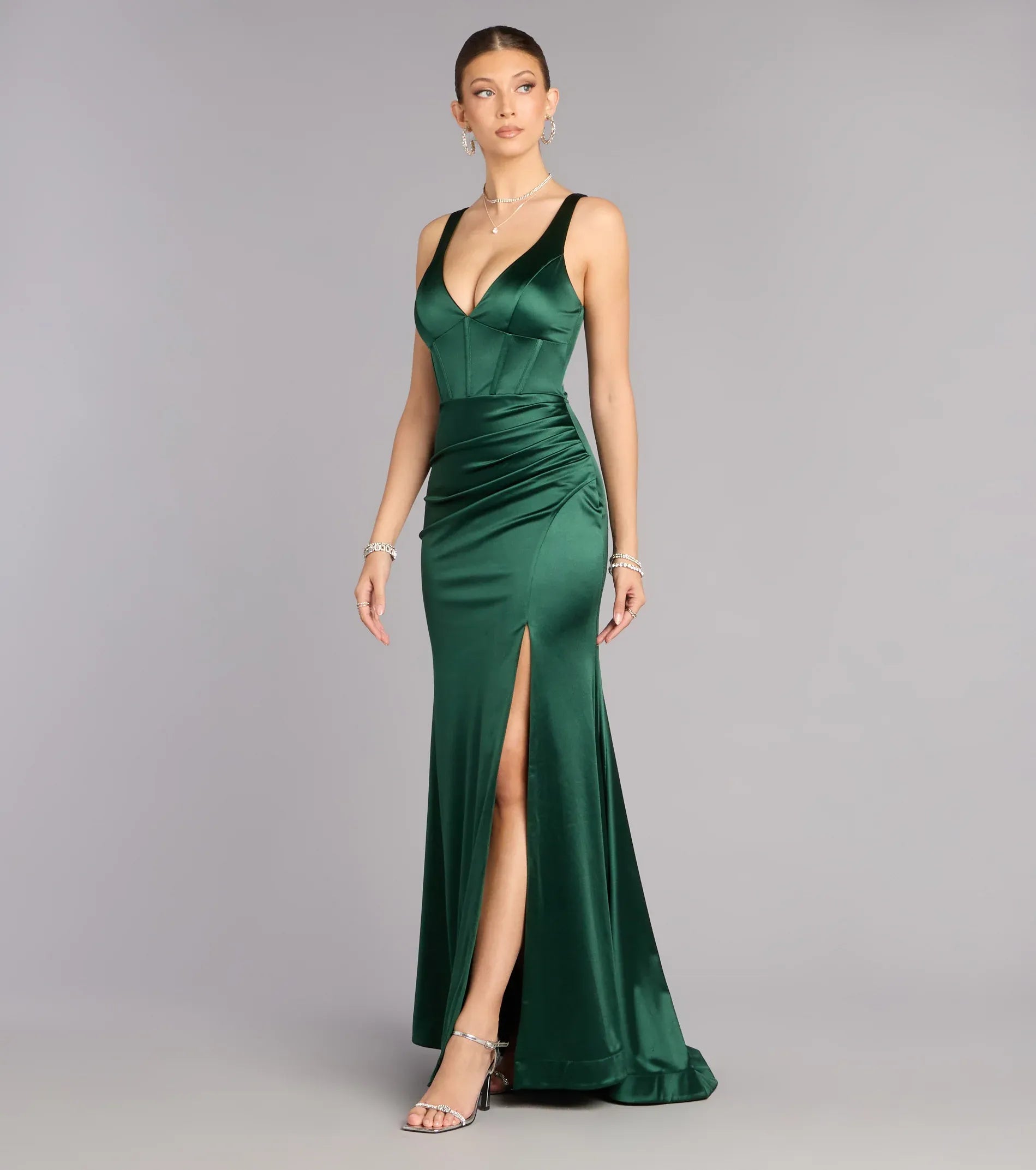 Emerald Green Satin V Neck Corset Lace Up Back Slit Mermaid Wedding Guest Maxi Dress