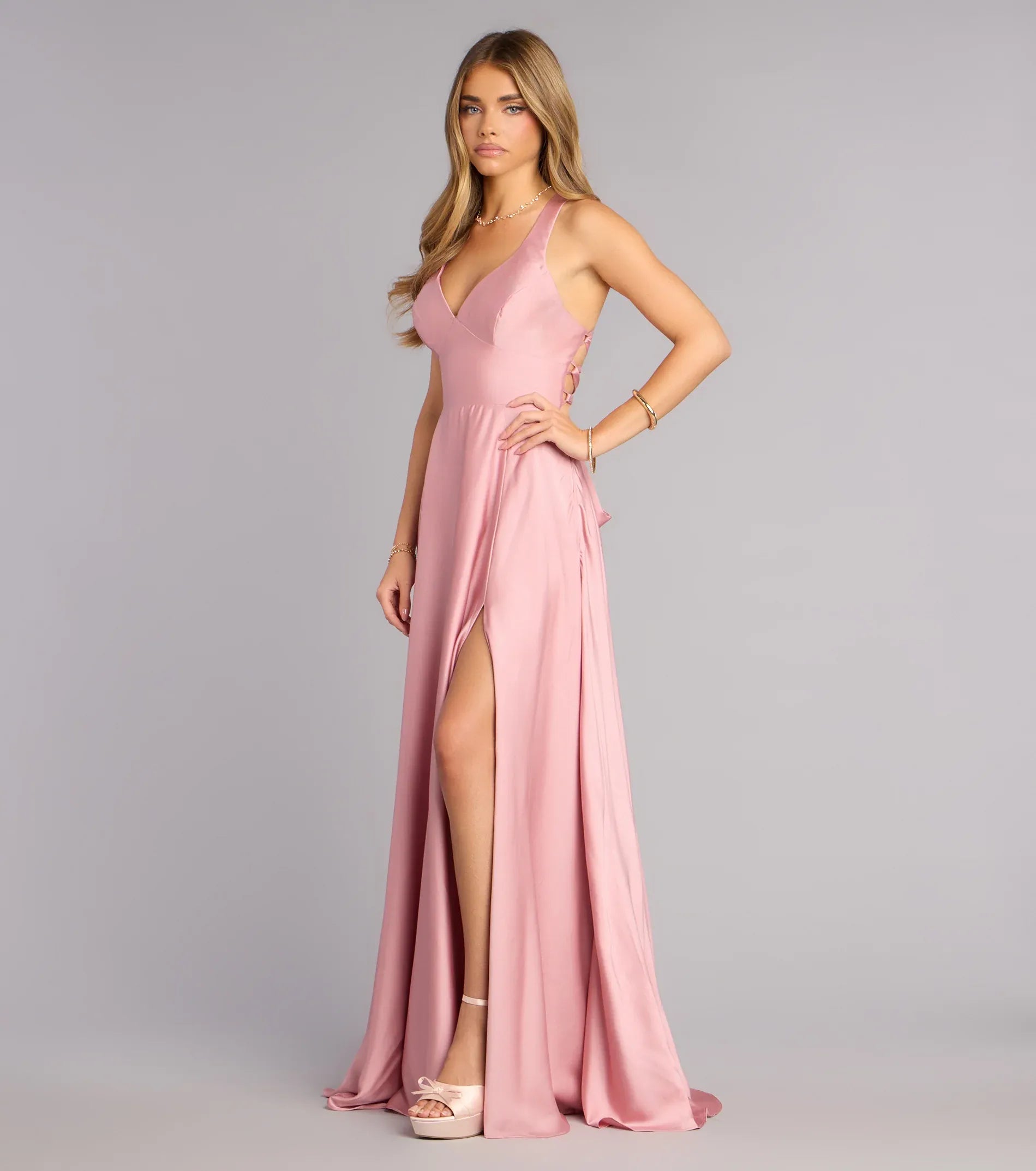 Dusty Pink Satin Halter Tie Back High Slit Pocket Wedding Guest Maxi Dress