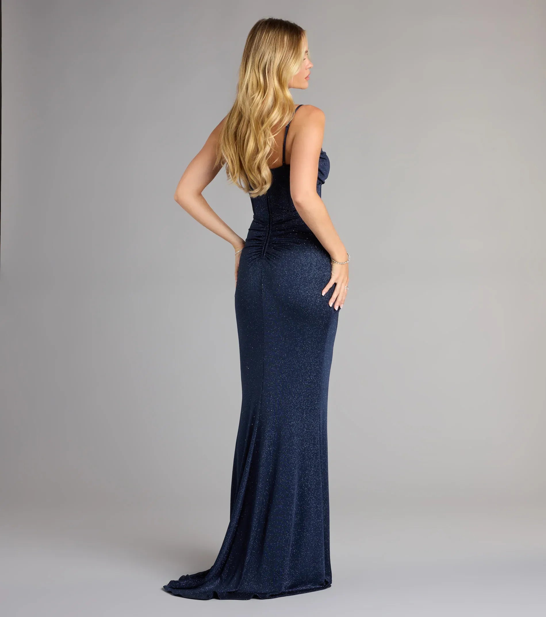 Dazzling Navy Glitter Mermaid Spaghetti Strap Corset High Slit Sweep Train Wedding Guest Dresses