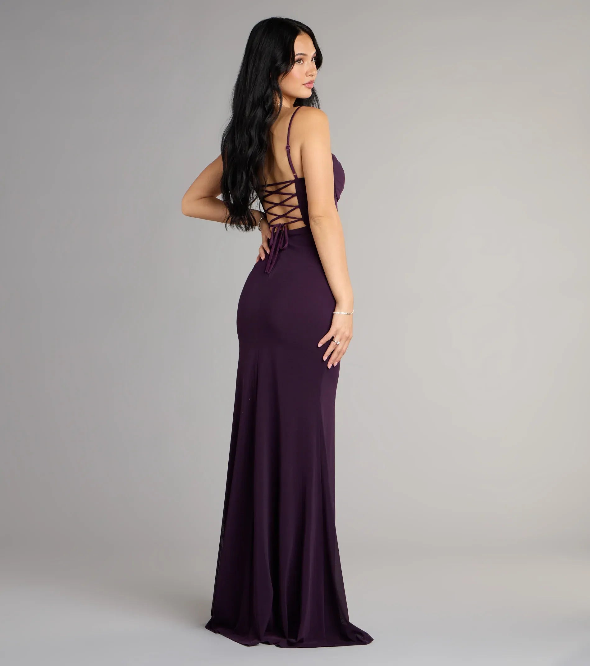 Dark Purple Mesh Spaghetti Strap Corset Back Lace Up High Slit Mermaid Wedding Guest Maxi Dress