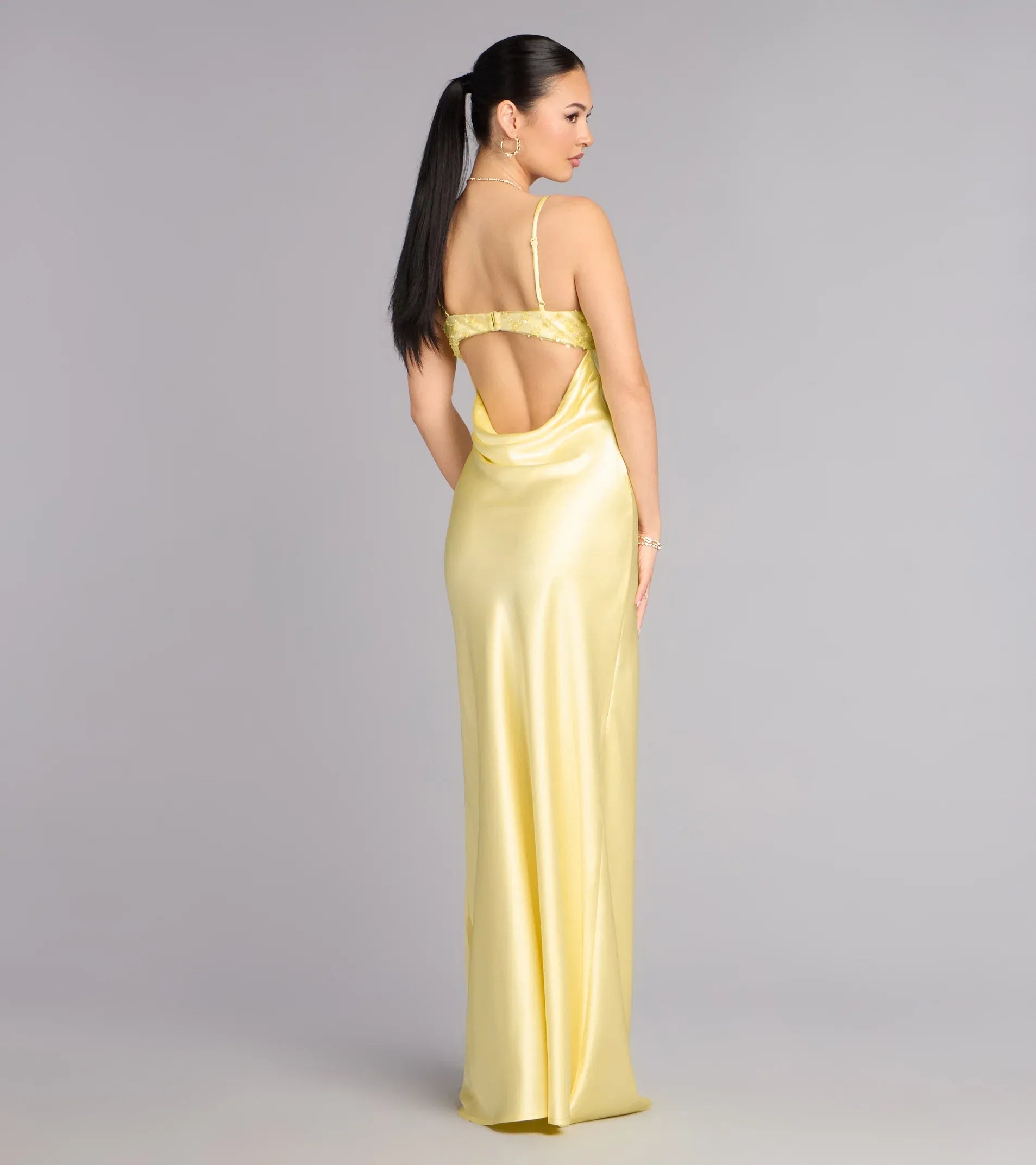 Glamorous Yellow Satin Slip Beaded V Neck Cowl Back Floor Length Wedding Guest Dresses