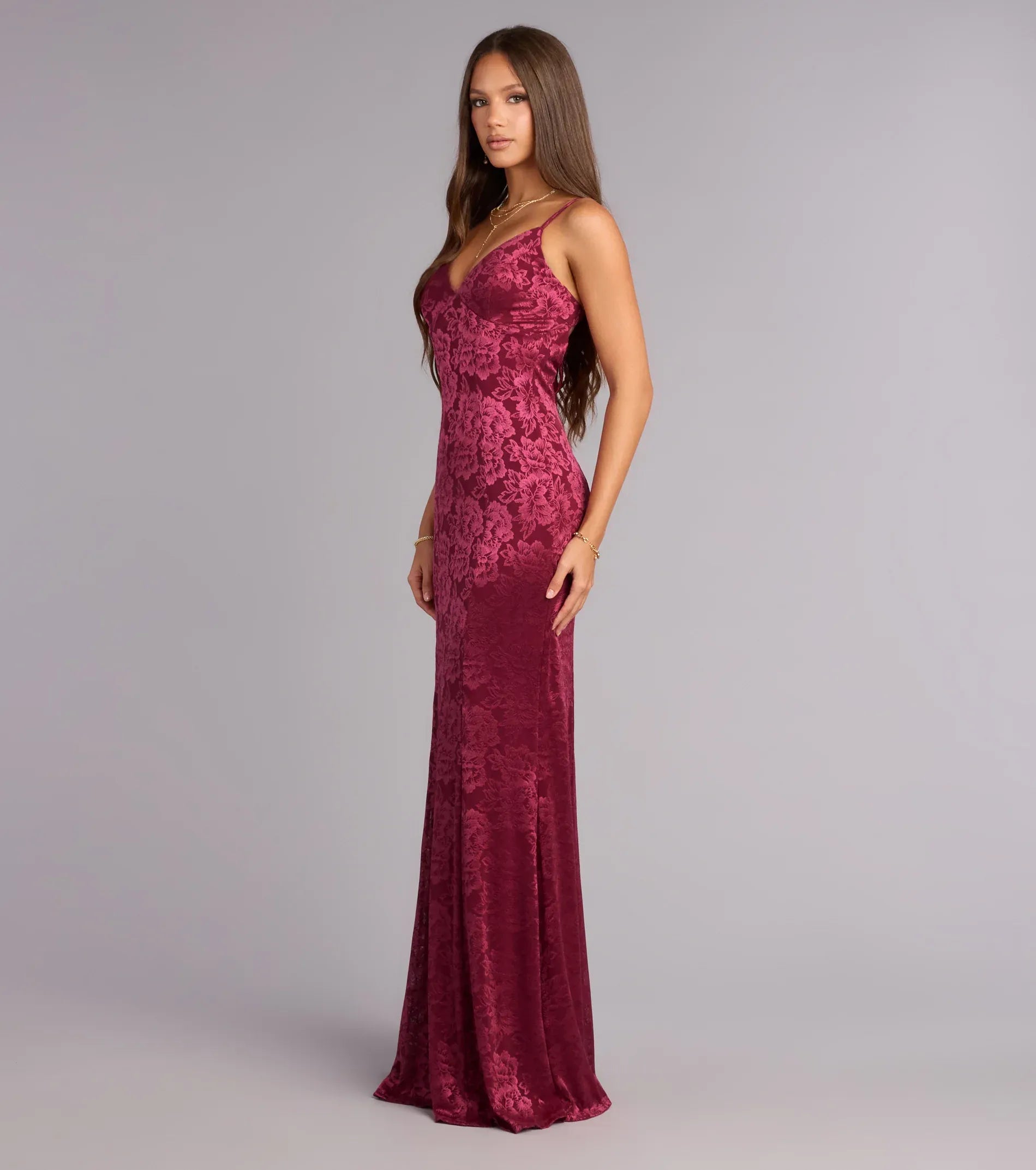 Burgundy Floral Jacquard V Neck Spaghetti Strap Tie Back Mermaid Wedding Guest Maxi Dress