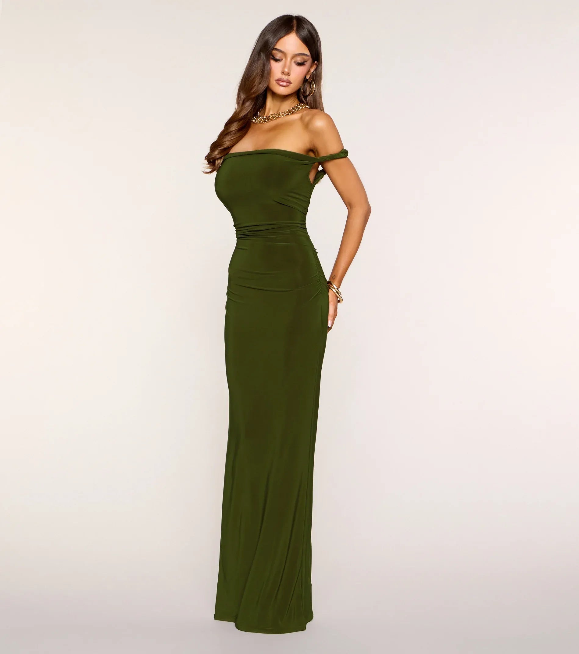 Sleek Olive Mermaid Off‑The‑Shoulder Short Sleeve Cowl Back Floor Length Wedding Guest Dresses