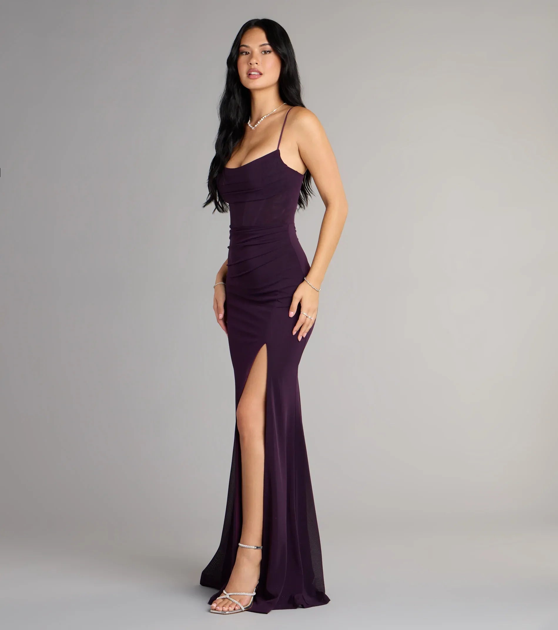 Dark Purple Mesh Spaghetti Strap Corset Back Lace Up High Slit Mermaid Wedding Guest Maxi Dress