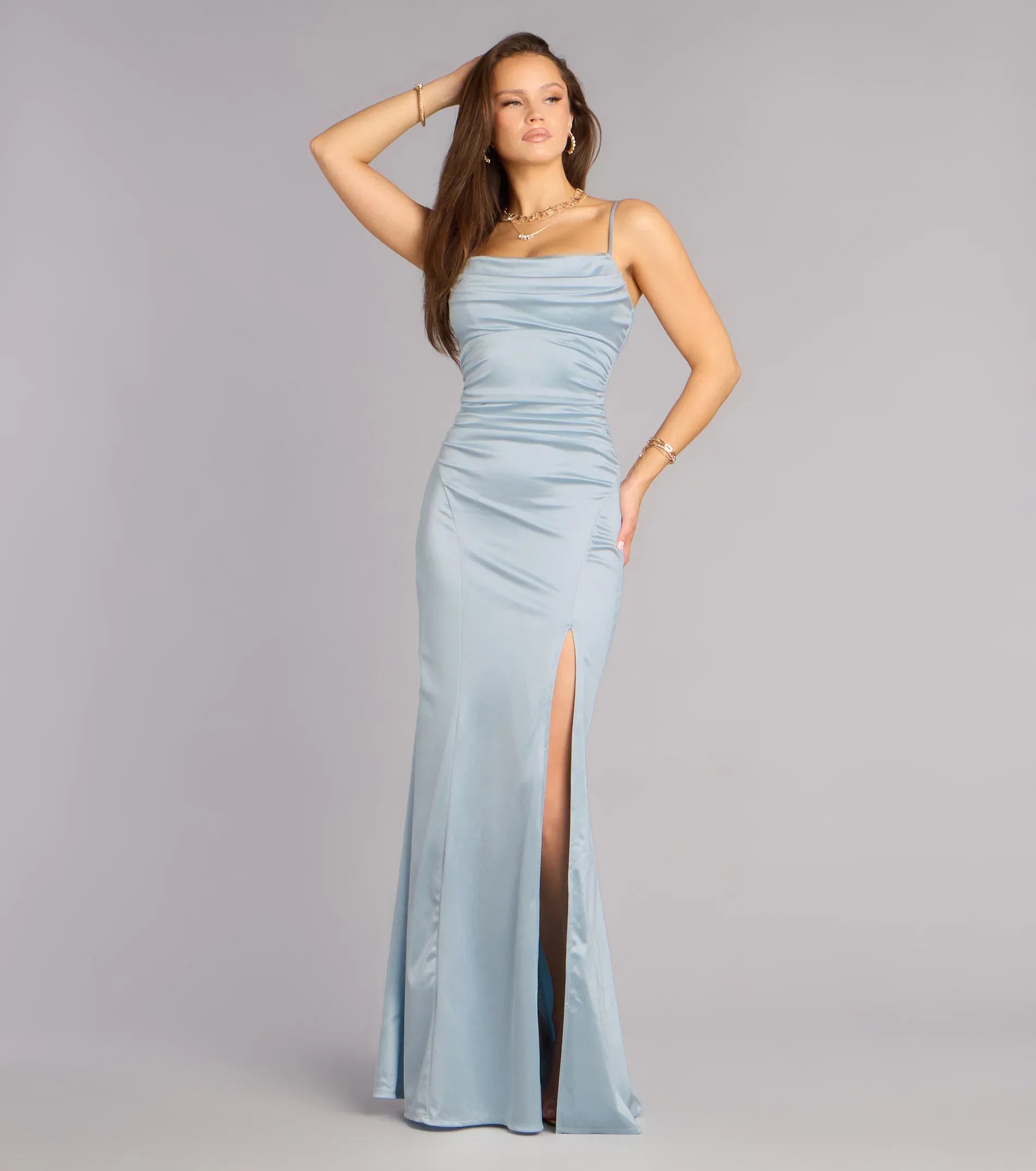 Elegant Dusty Blue Satin Mermaid Cowl Neck Spaghetti Strap Side Slit Floor Length Wedding Guest Dresses