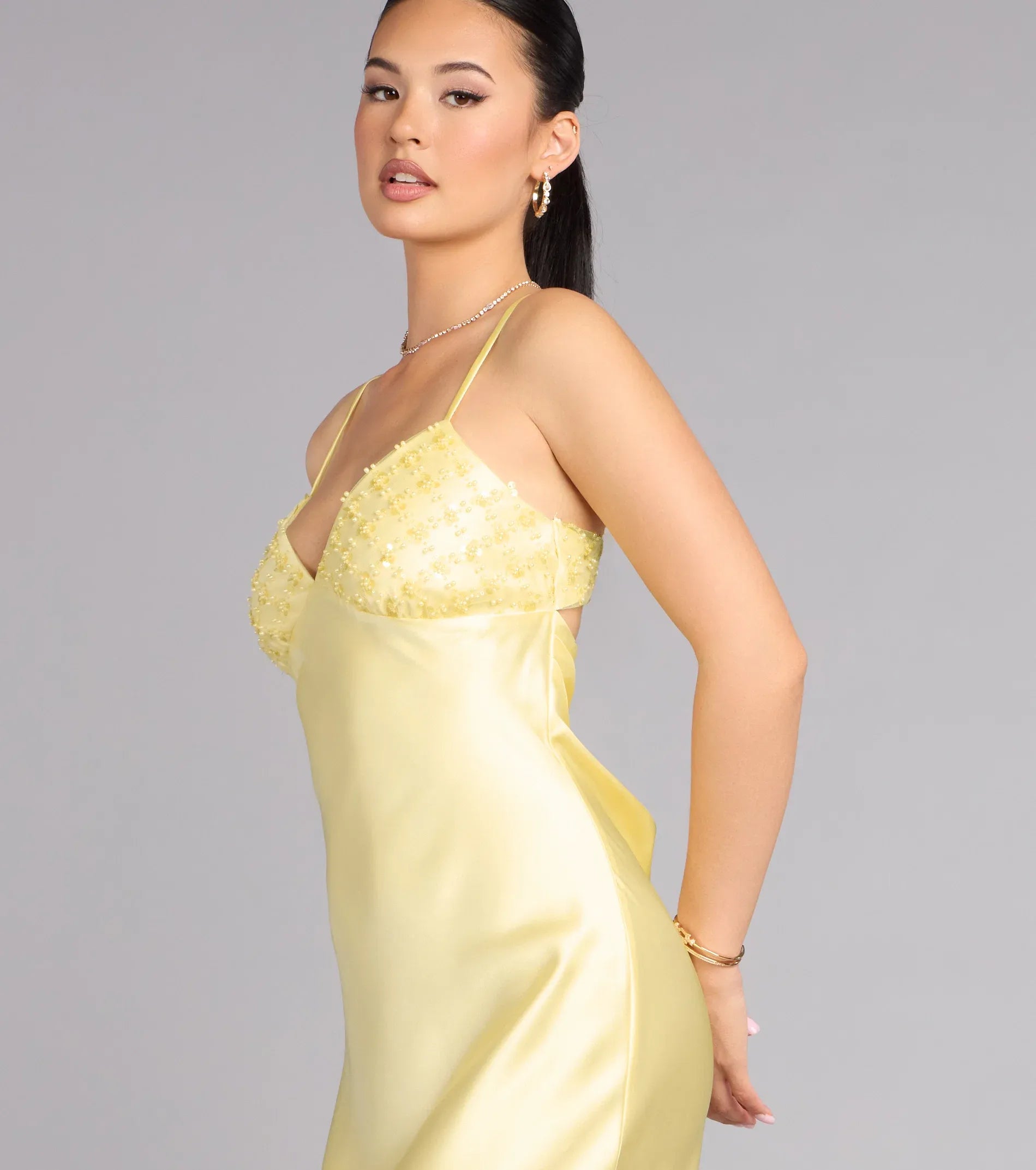 Glamorous Yellow Satin Slip Beaded V Neck Cowl Back Floor Length Wedding Guest Dresses