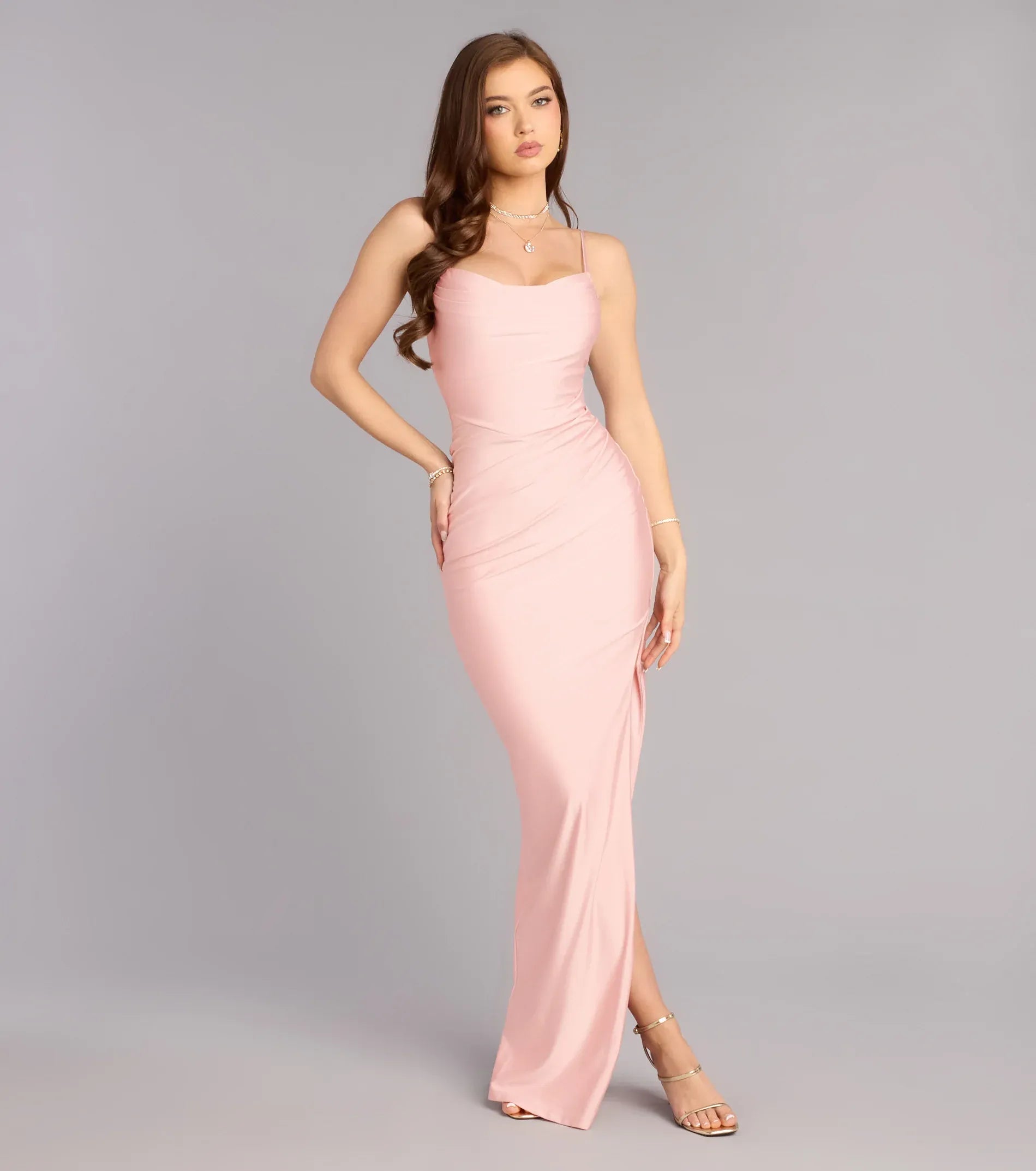 Blush Satin Spaghetti Strap Cowl Neck Ruched High Slit Mermaid Wedding Guest Maxi Dress
