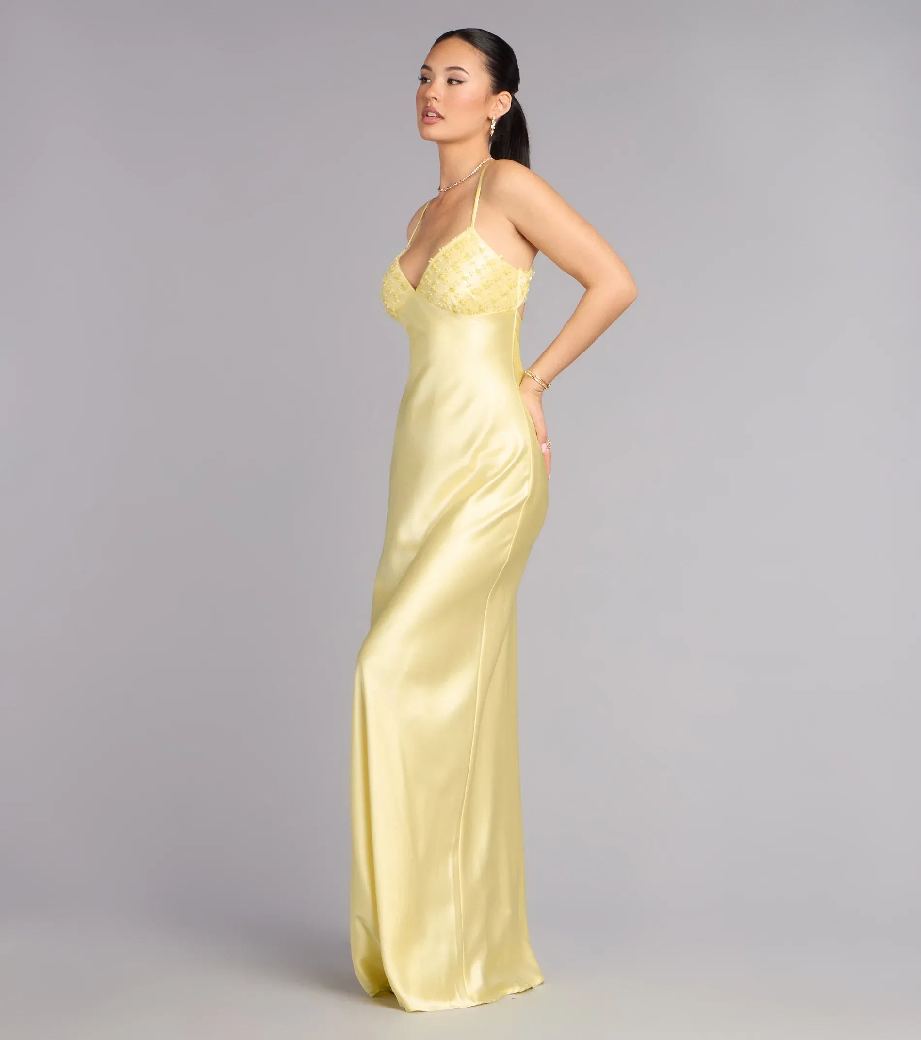 Glamorous Yellow Satin Slip Beaded V Neck Cowl Back Floor Length Wedding Guest Dresses