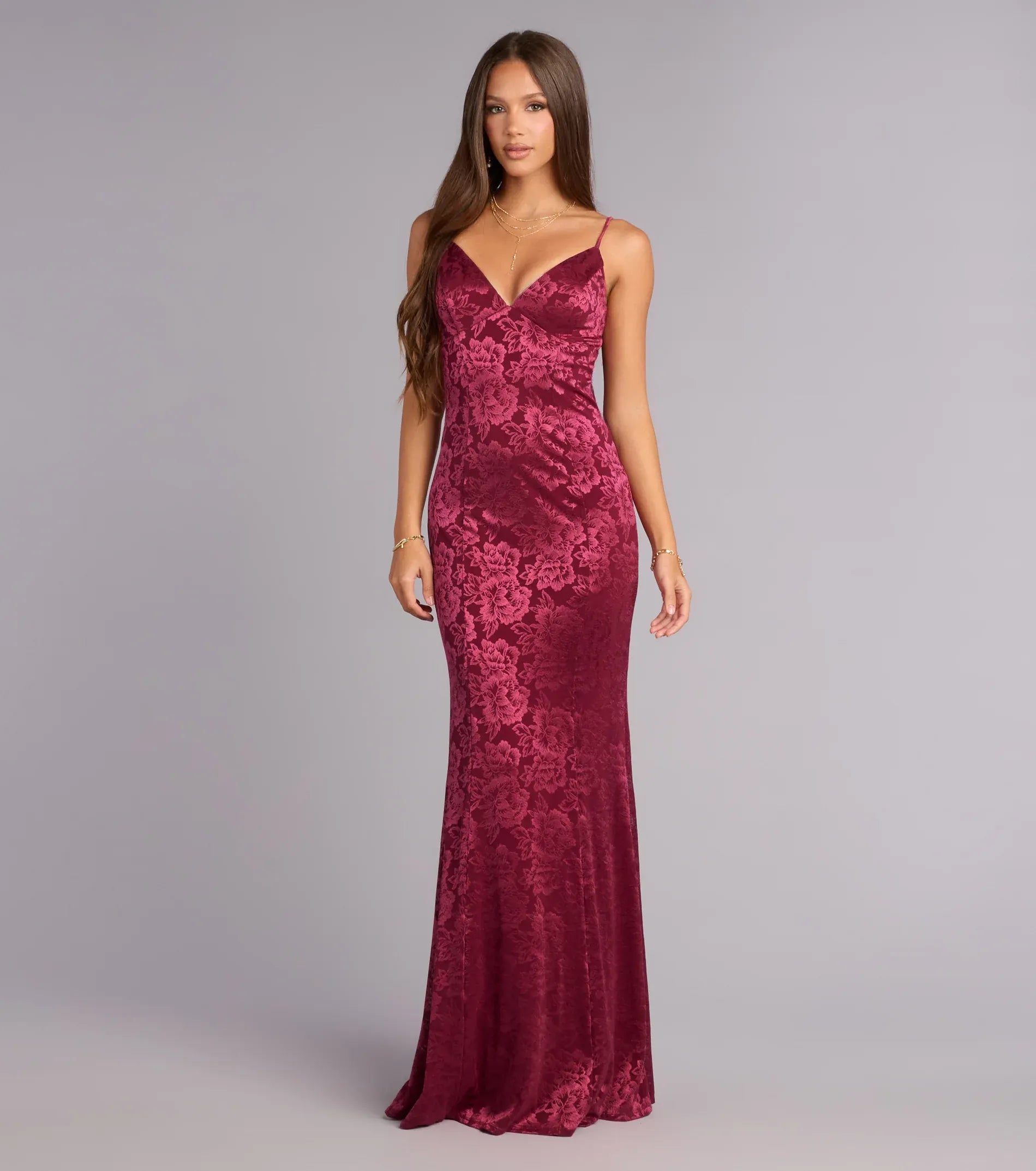 Burgundy Floral Jacquard V Neck Spaghetti Strap Tie Back Mermaid Wedding Guest Maxi Dress