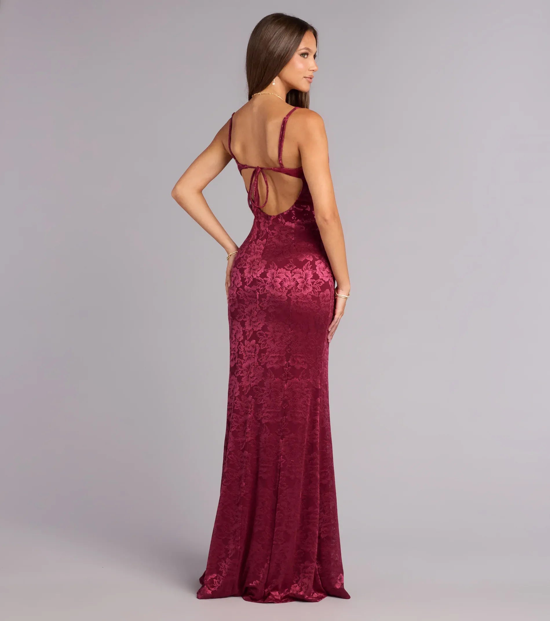 Burgundy Floral Jacquard V Neck Spaghetti Strap Tie Back Mermaid Wedding Guest Maxi Dress