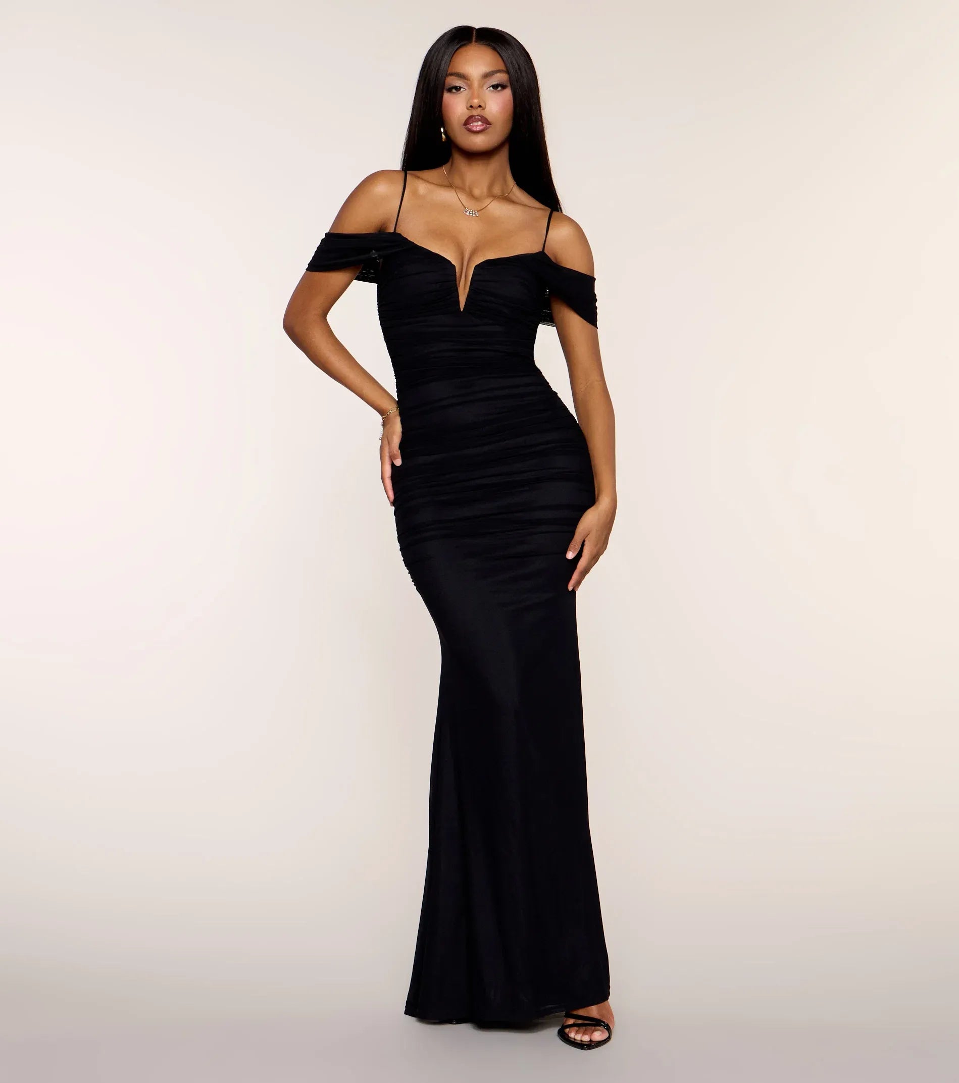 Stunning Black Mesh Off Shoulder Ruched Mermaid Maxi Gown