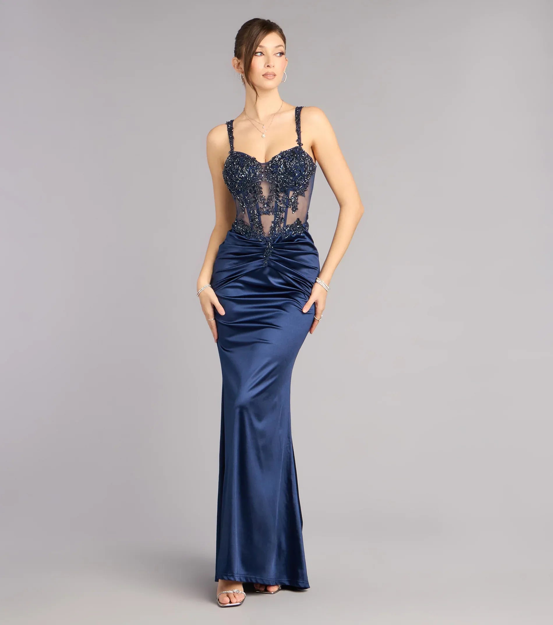 Navy Beaded Sheer Corset Spaghetti Strap Satin Mermaid Evening Dress