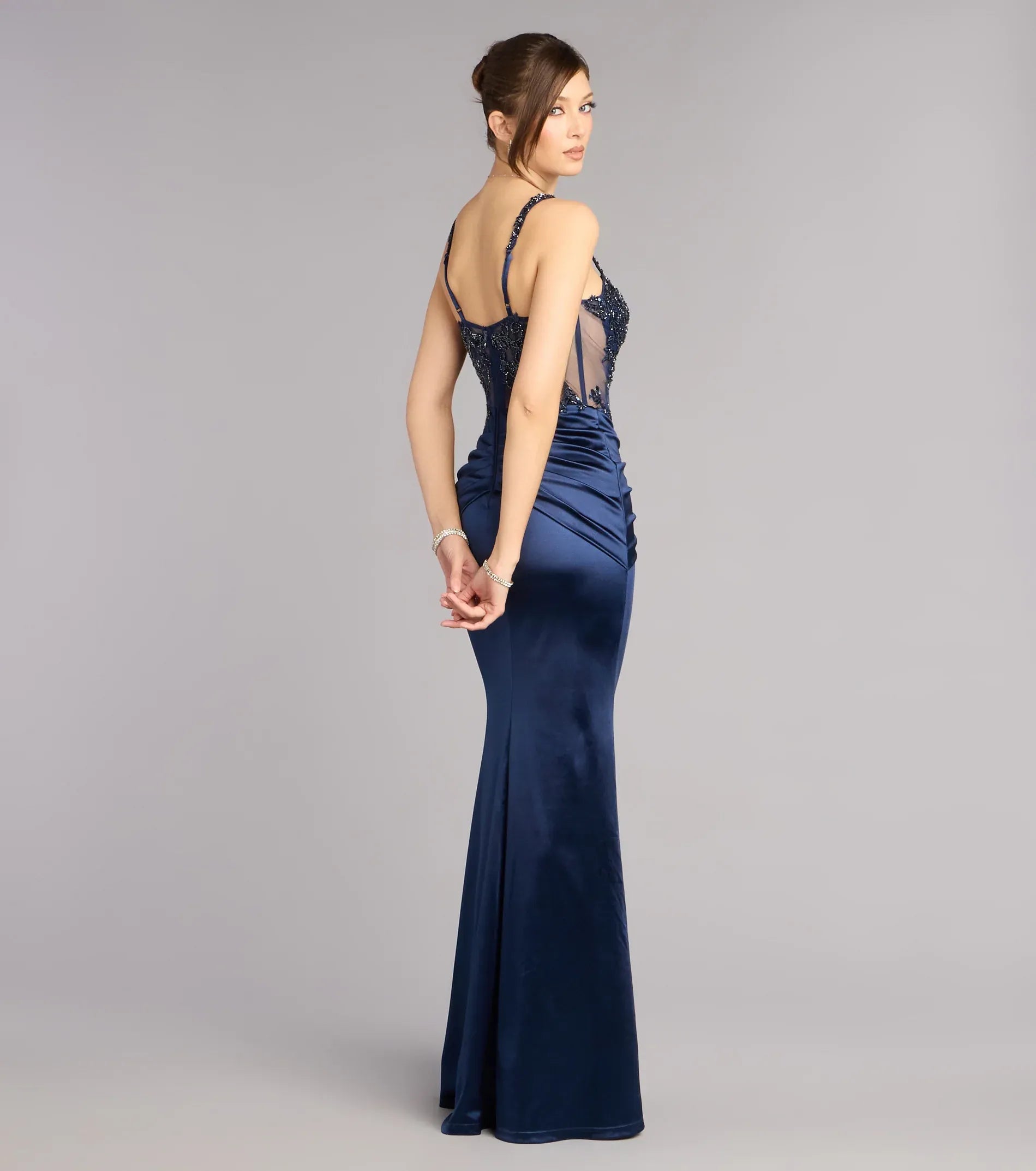 Navy Beaded Sheer Corset Spaghetti Strap Satin Mermaid Evening Dress