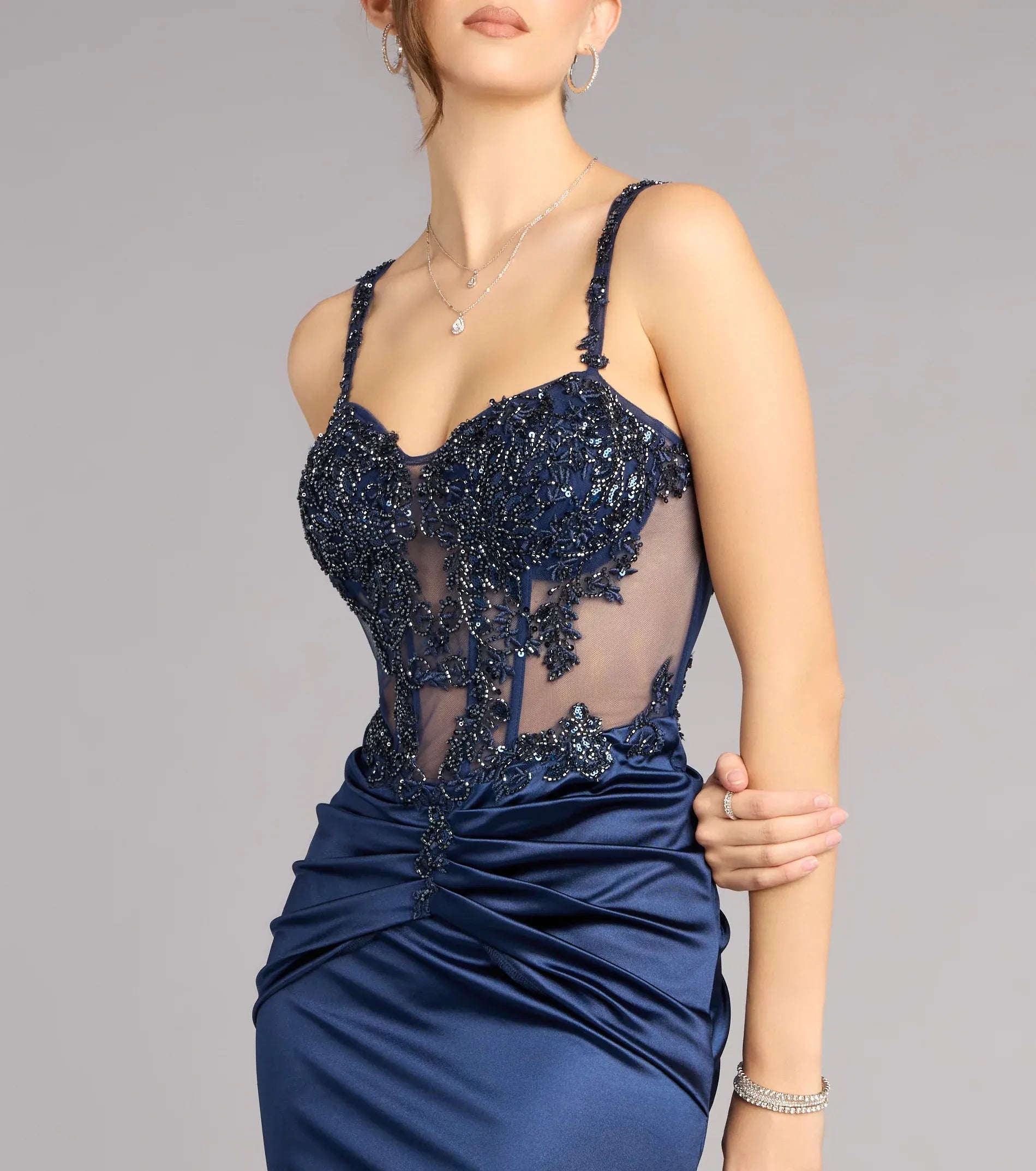 Navy Beaded Sheer Corset Spaghetti Strap Satin Mermaid Evening Dress
