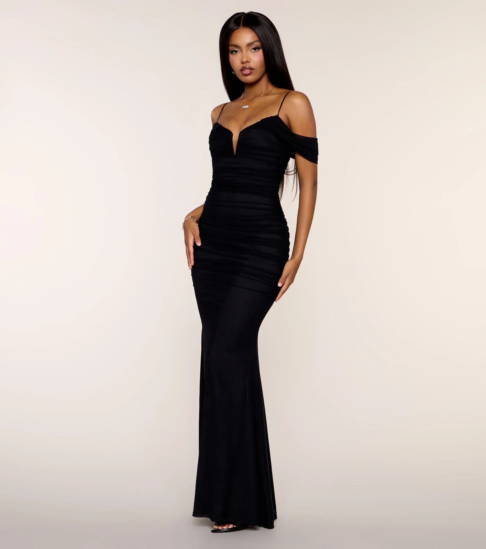 Stunning Black Mesh Off Shoulder Ruched Mermaid Maxi Gown