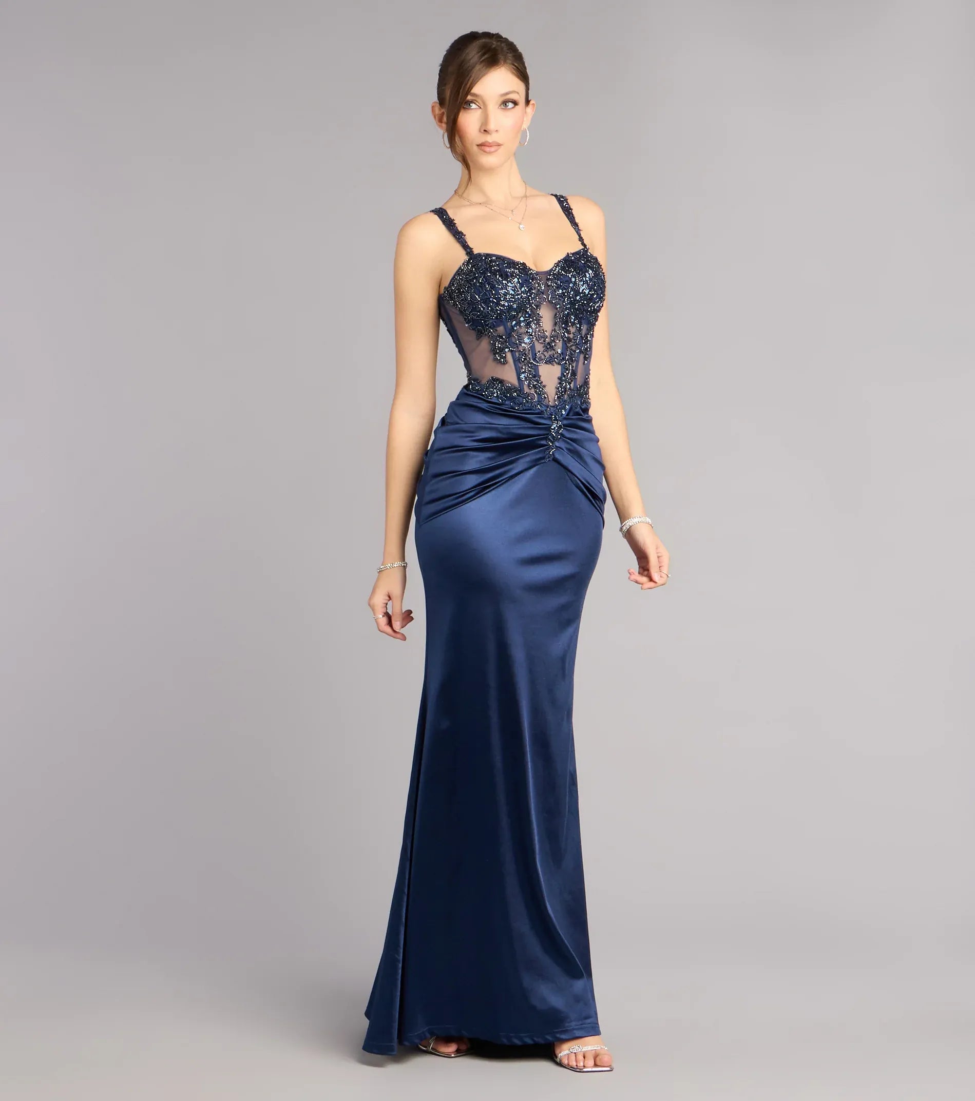 Navy Beaded Sheer Corset Spaghetti Strap Satin Mermaid Evening Dress